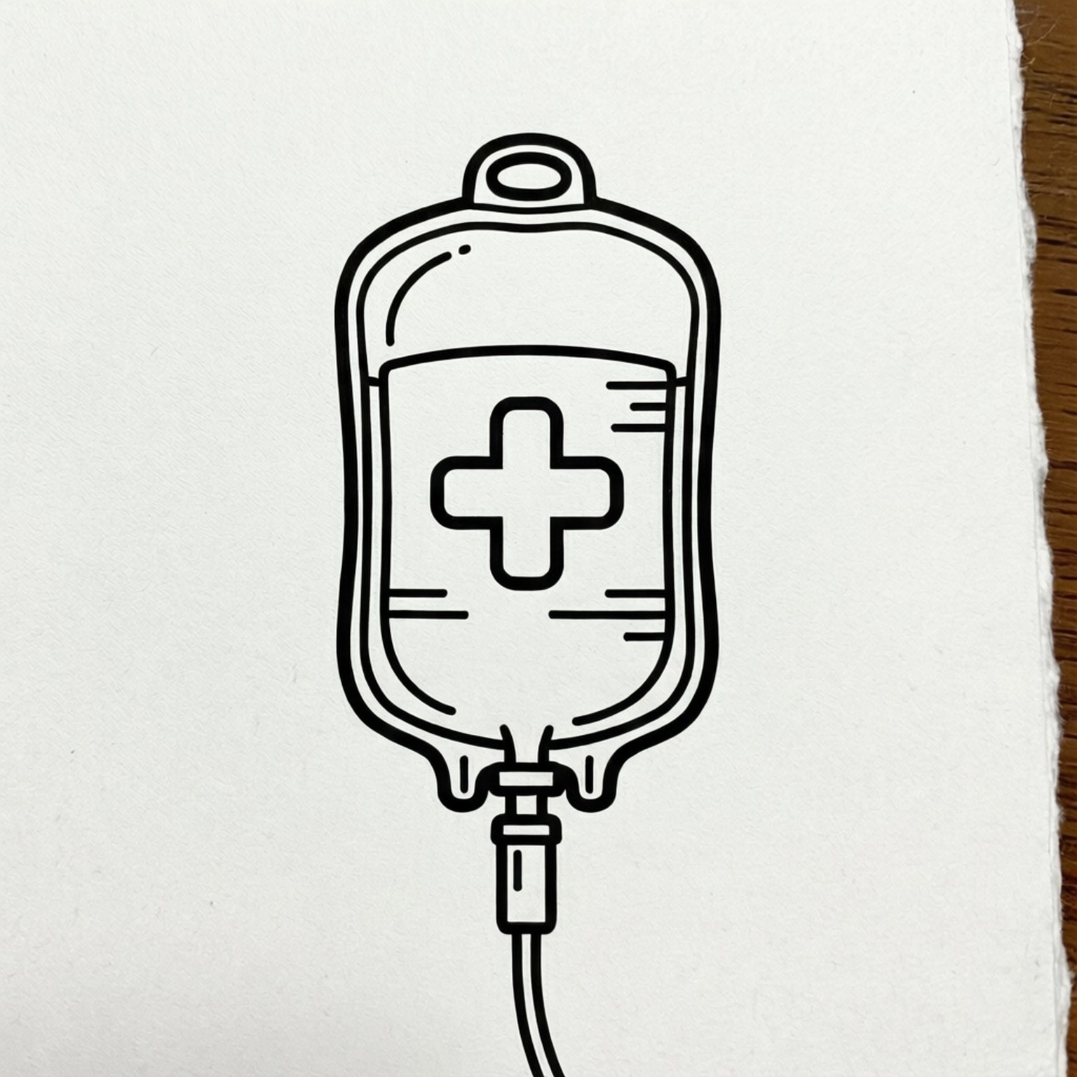 在紋理紙上繪製的黑色線條畫，描繪了一個帶有十字標誌的靜脈注射袋。