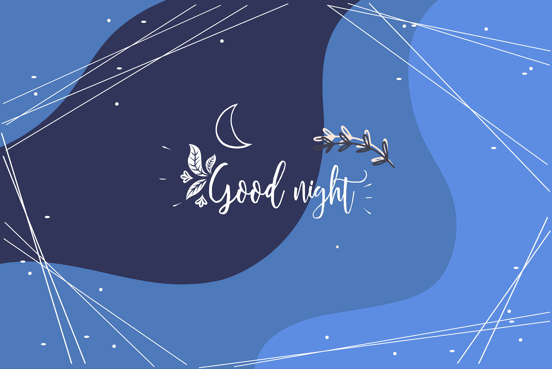 極簡藍安眠 壁紙 — 寧靜的夜空，新月和樹枝葉片襯托著草書文字「Good night」，背景為層疊的藍色抽象形狀。