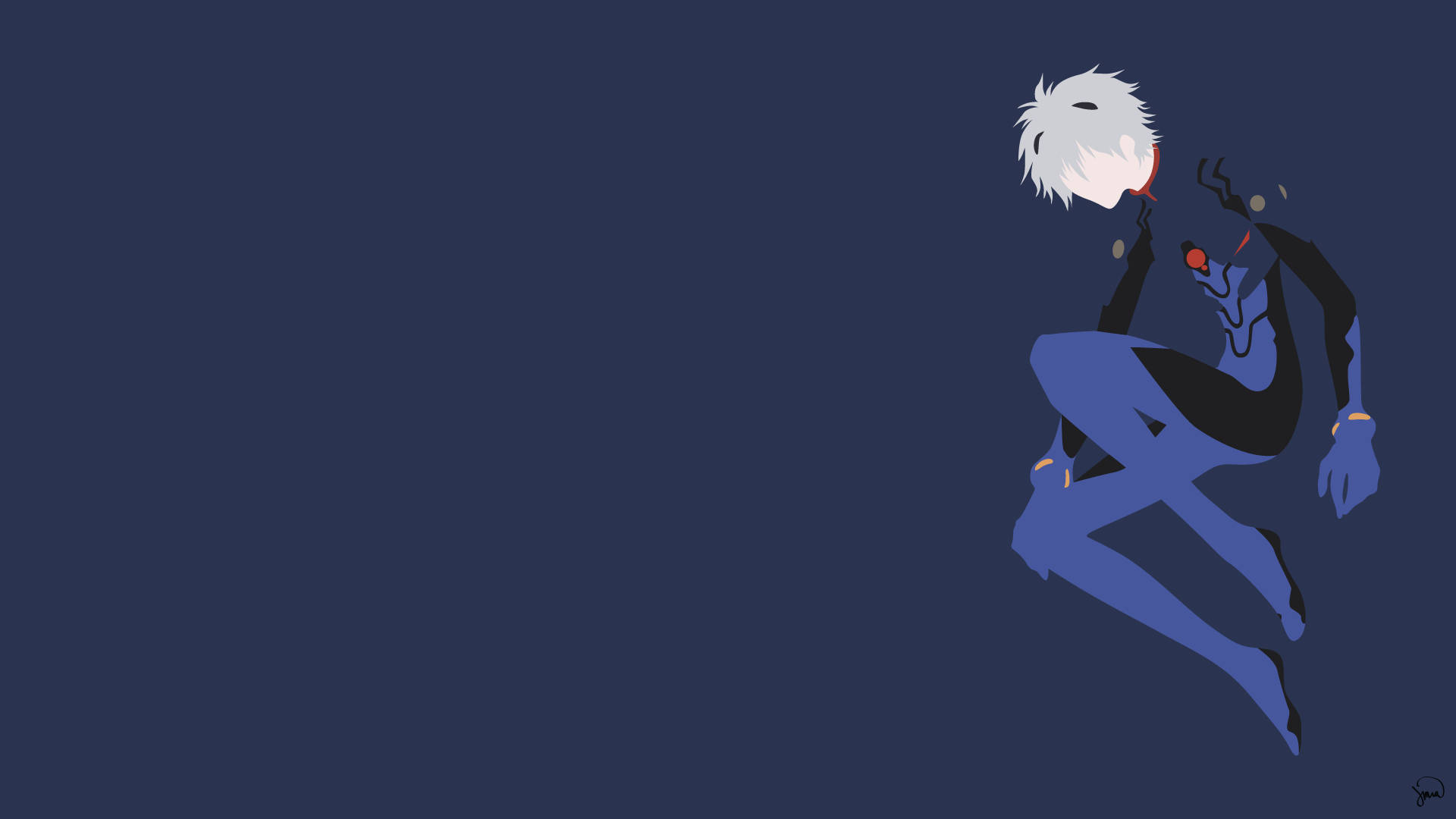 極簡藍色 Kaworu Nagisa 壁紙 — 一個風格化的動漫角色，白髮藍色西裝，獨自坐在深藍色背景前。