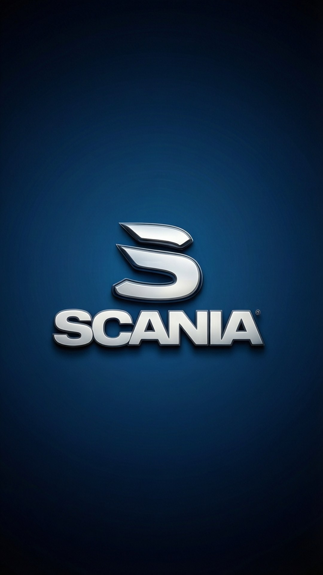 極簡藍色Scania 壁紙 — 閃亮的銀色 Scania 標誌居中於深藍色漸變背景上，帶有微妙的徑向照明。