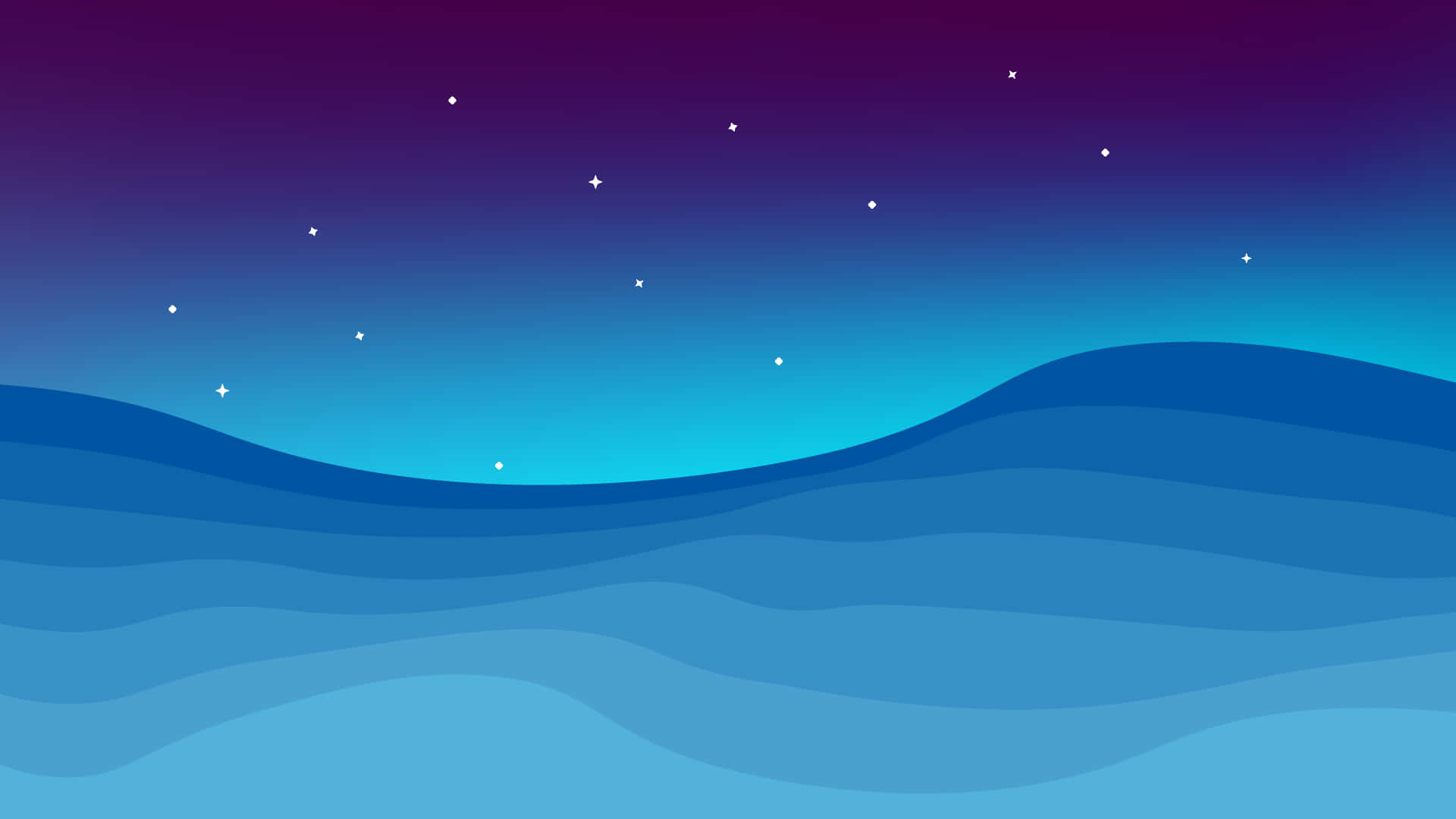 極簡數位藝術中，平靜藍色海浪上的星空夜空。
