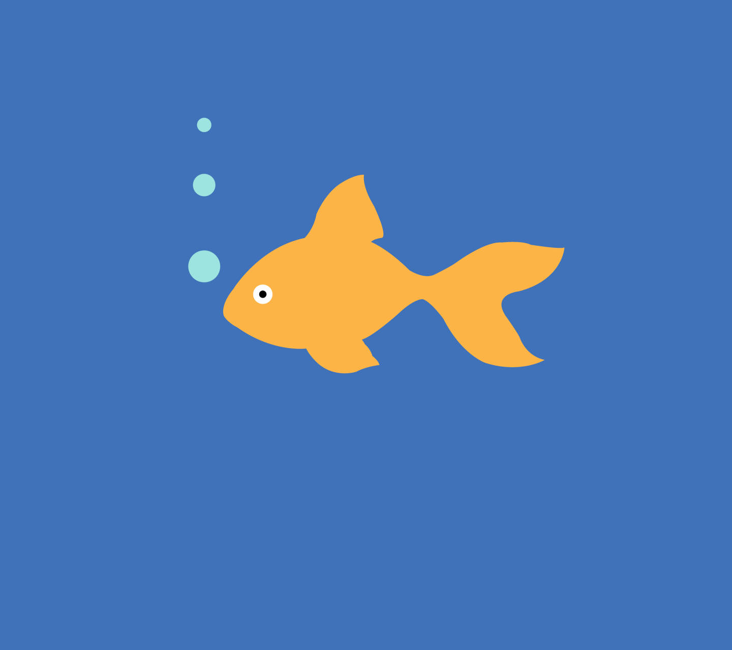 極簡藝術冷色魚 壁紙 — 一條簡單的橙色魚向左游，背景為純藍色，有三個上升的淺藍色氣泡。