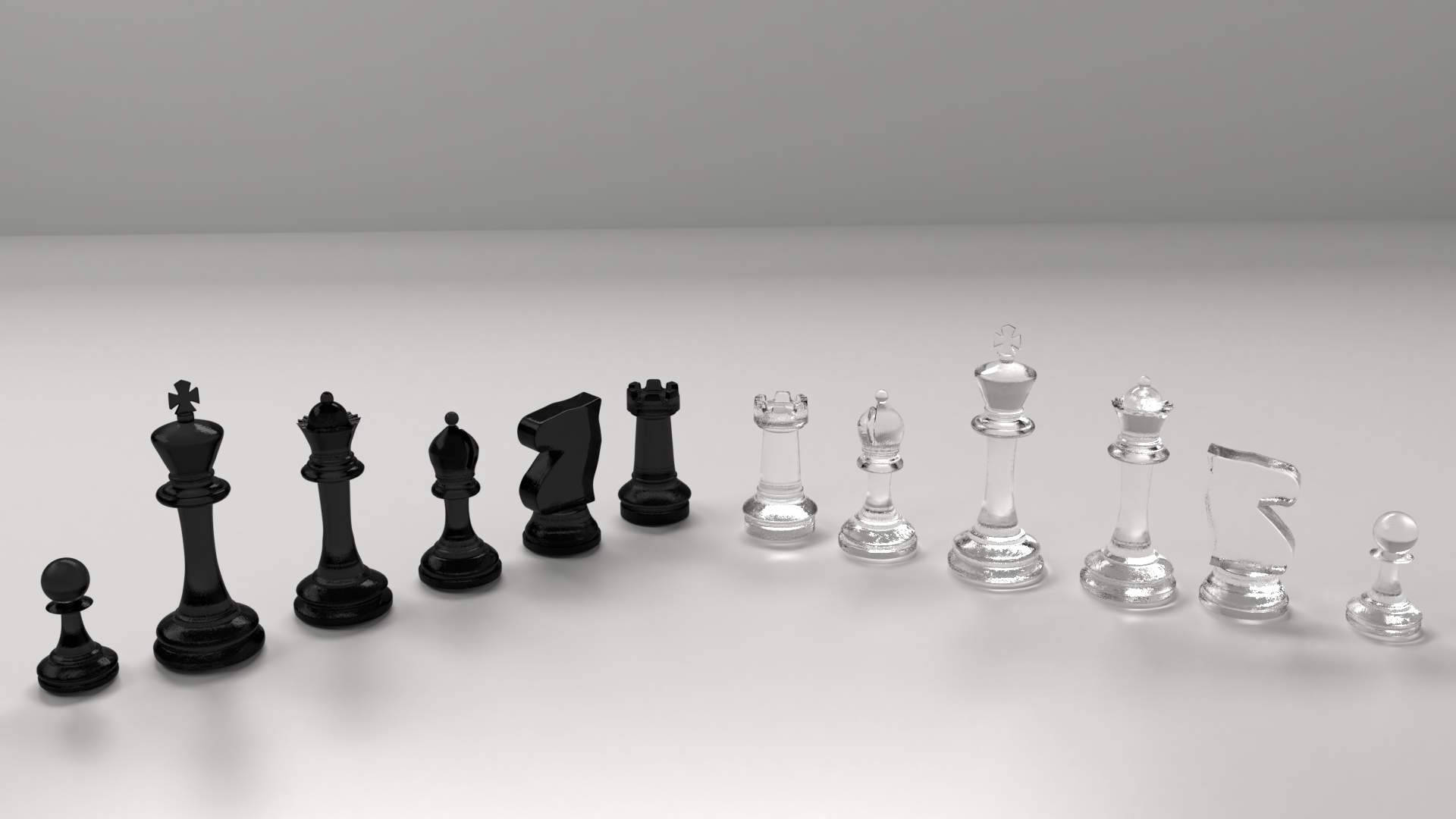 極簡透明棋子 壁紙 — 黑色和透明的國際象棋棋子，在柔和的攝影棚燈光下，排列成兩行，立於簡約的白色表面上。