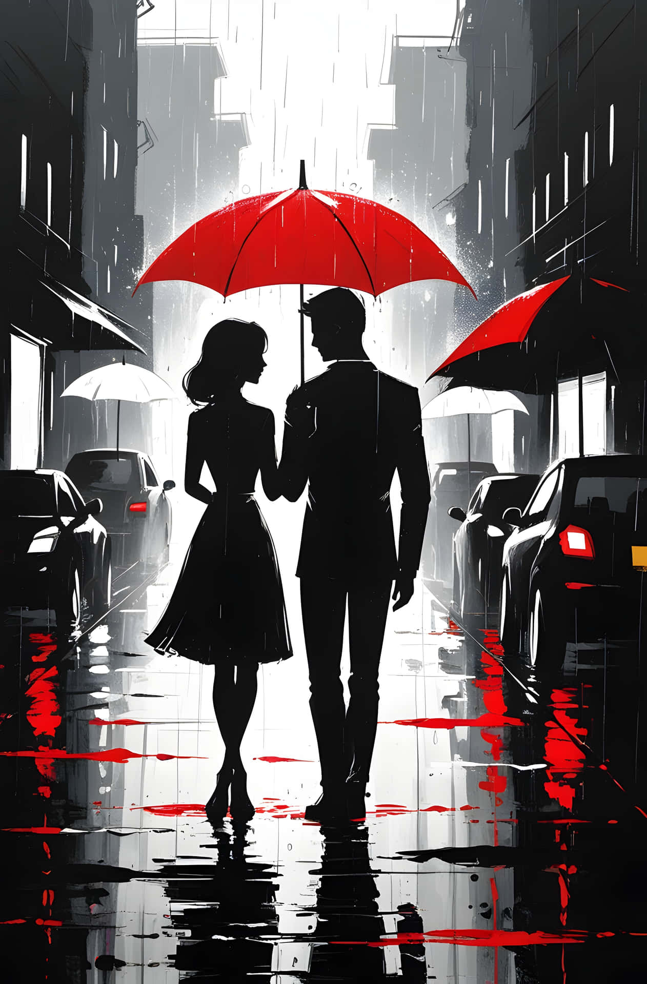 極簡雨傘邂逅 壁紙 — 一對剪影情侶共用一把鮮紅色的雨傘，在雨中走過城市街道，背景有汽車和其他雨傘。