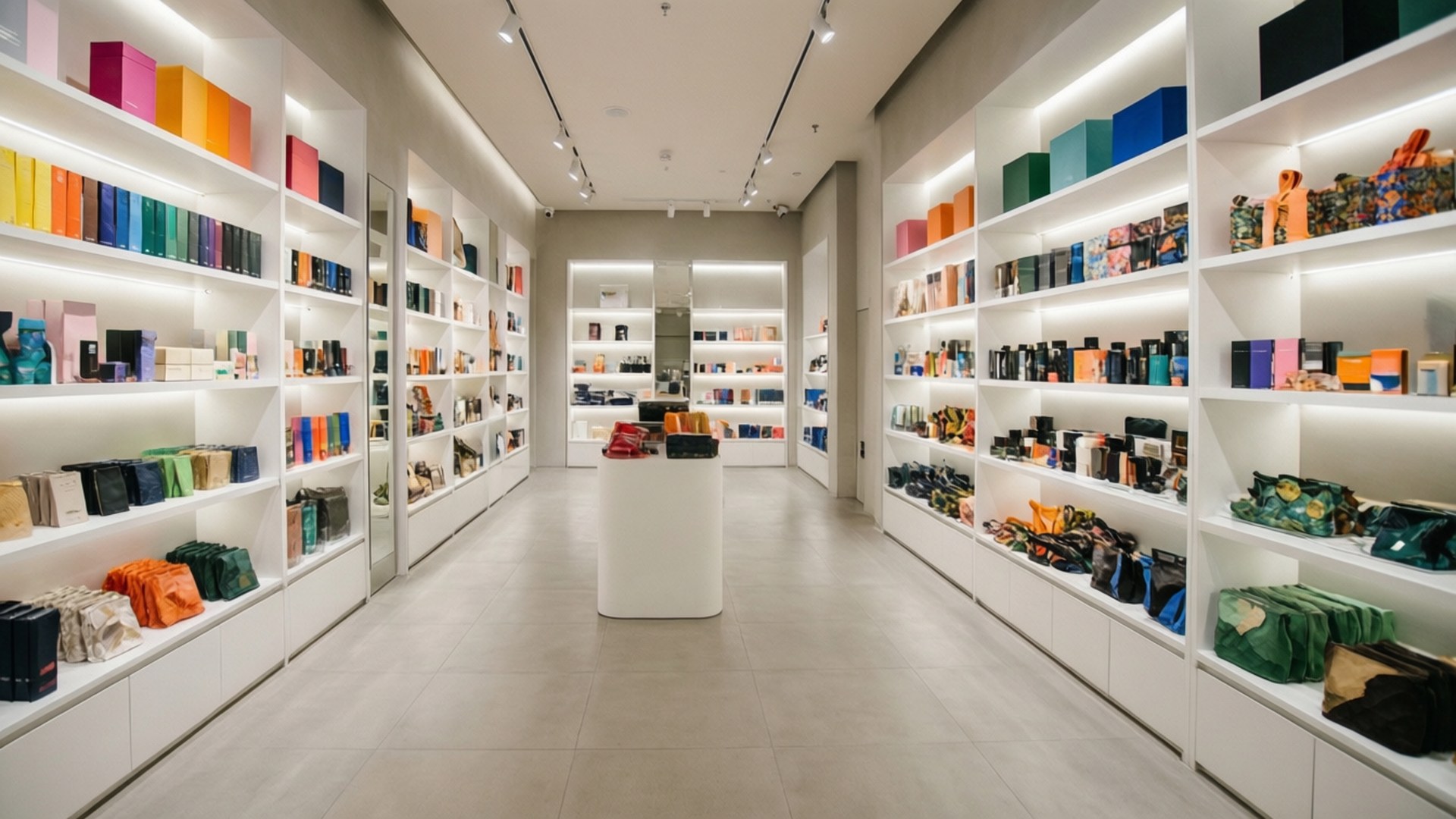 極簡零售空間 壁紙 — 一間光線明亮的現代零售店，白色貨架上展示著色彩繽紛的手袋和配件，沿著長長的中央通道排列。