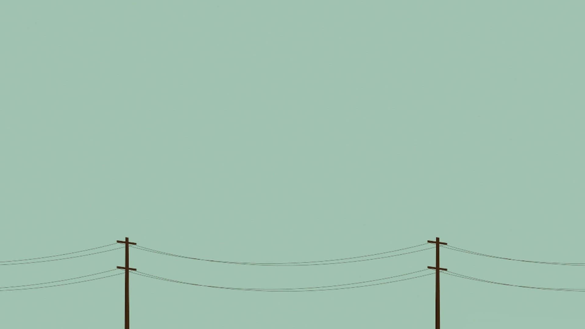 極簡電線杆天空背景 壁紙 — 兩根木製電線杆連著電線，橫跨在簡約的薄荷綠天空上。