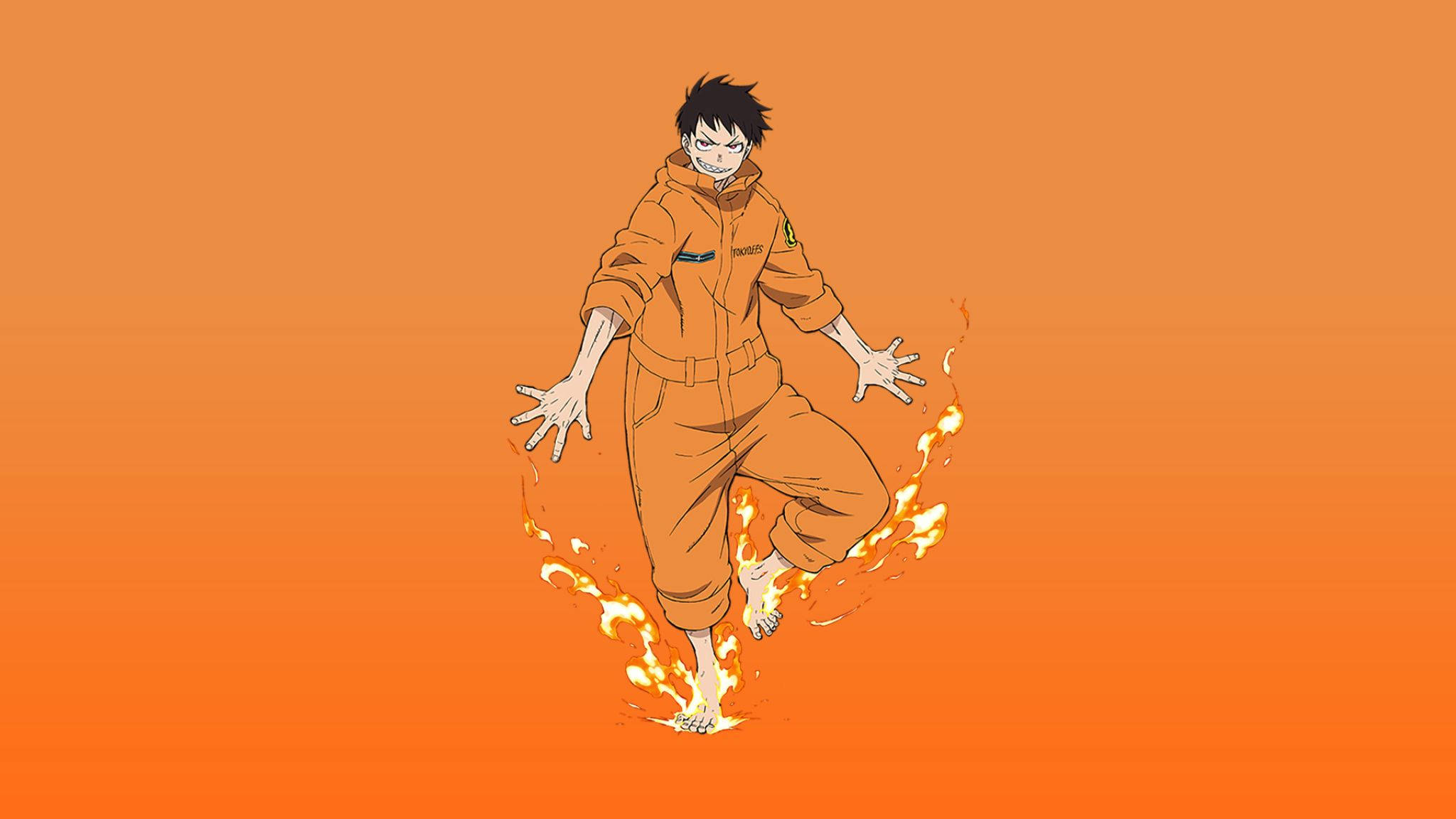 極簡風 Shinra 火焰動漫 壁紙 — 一個穿著橙色連身衣的動漫角色在半空中被火焰包圍，背景是純橙色漸變色。