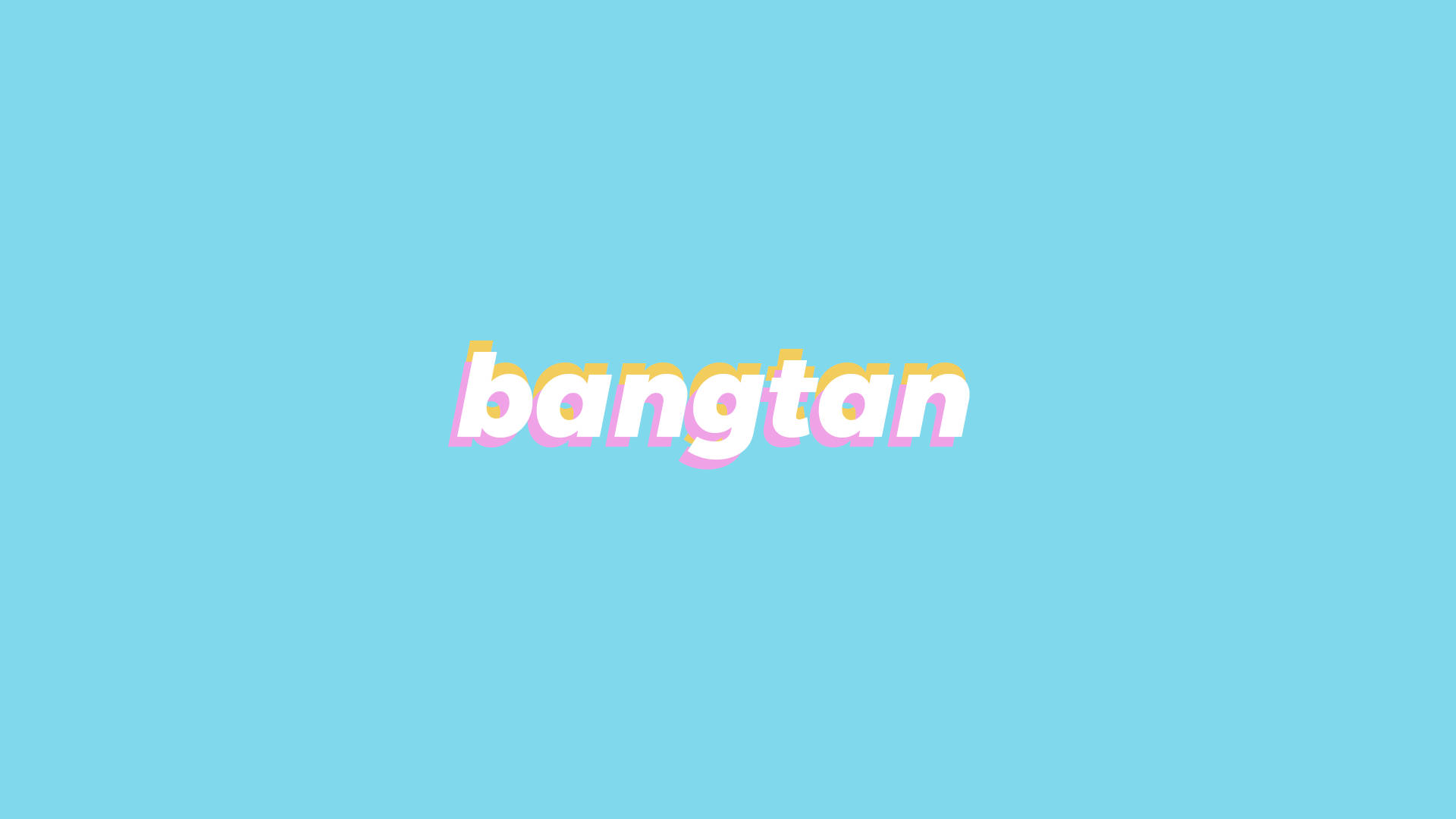 極簡風格 Bangtan 字體桌面壁紙 壁紙 — 「bangtan」呢個詞以粗體白色字體，帶有粉紅色同黃色輪廓，置中喺純淺藍色背景上。