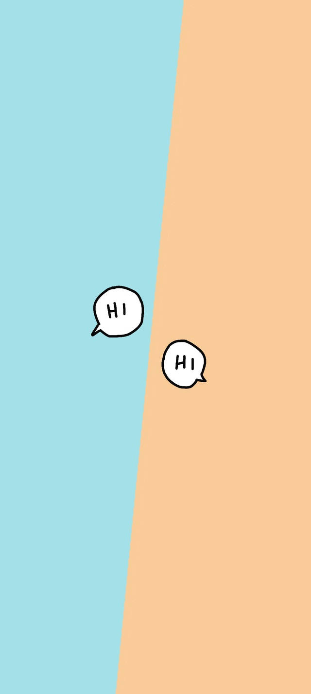 兩個對話氣泡，上面寫著「HI」，在藍色和桃色分割的背景上。