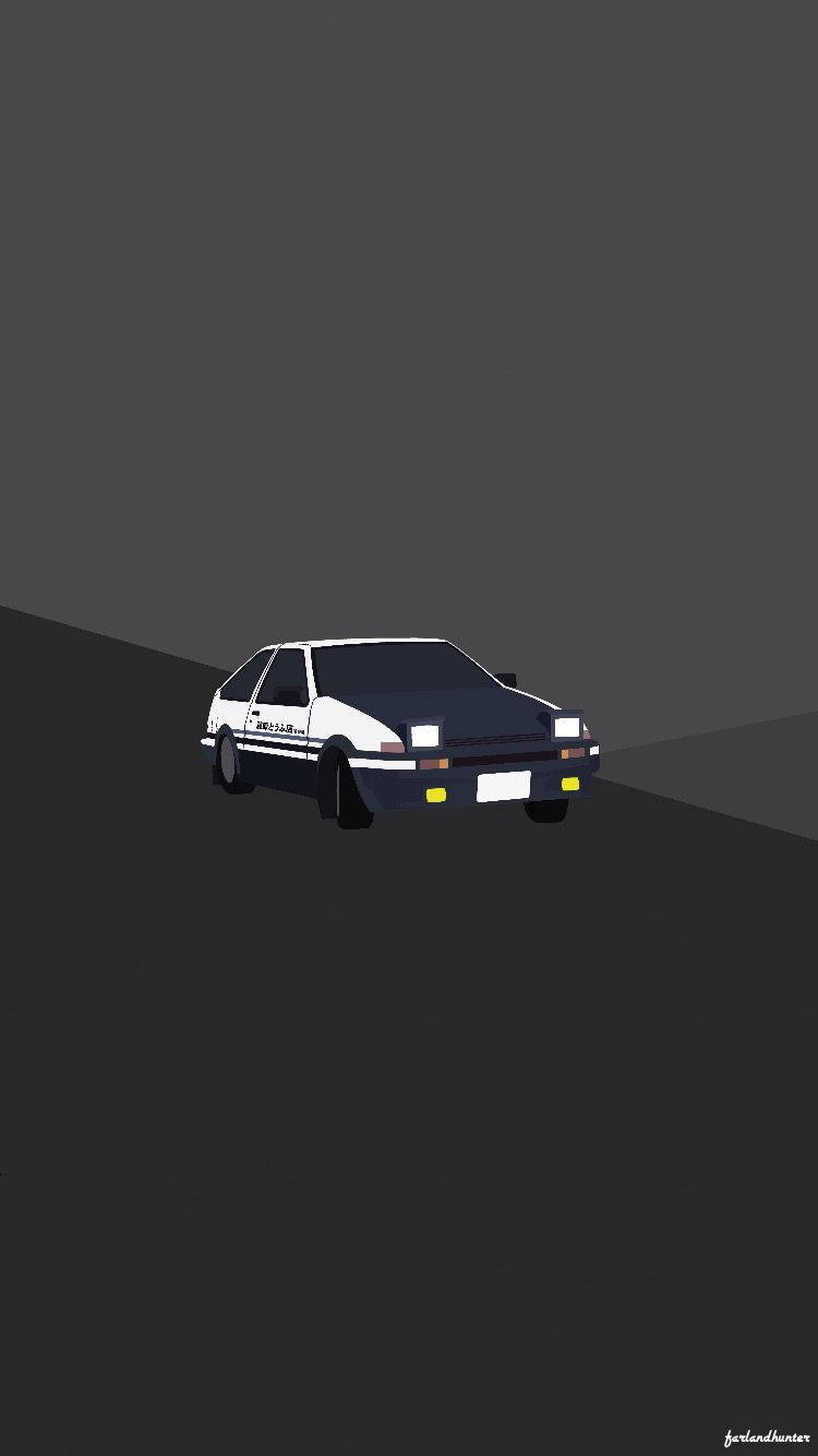 在戲劇性燈光下，深灰色斜坡上的白色和黑色AE86跑車。
