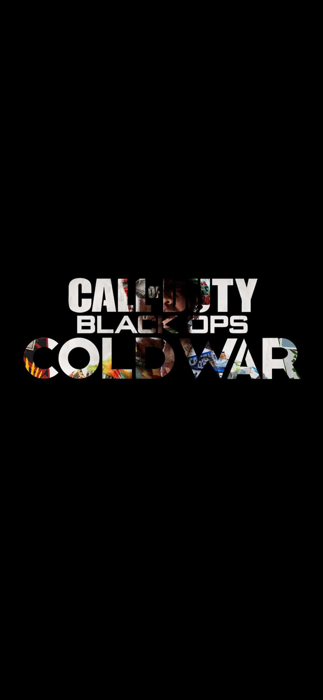 極簡風格 iPhone X《決勝時刻：黑色行動冷戰》背景 壁紙 — Call of Duty Black Ops Cold War 標誌，帶有碎片化角色圖像，背景為黑色。