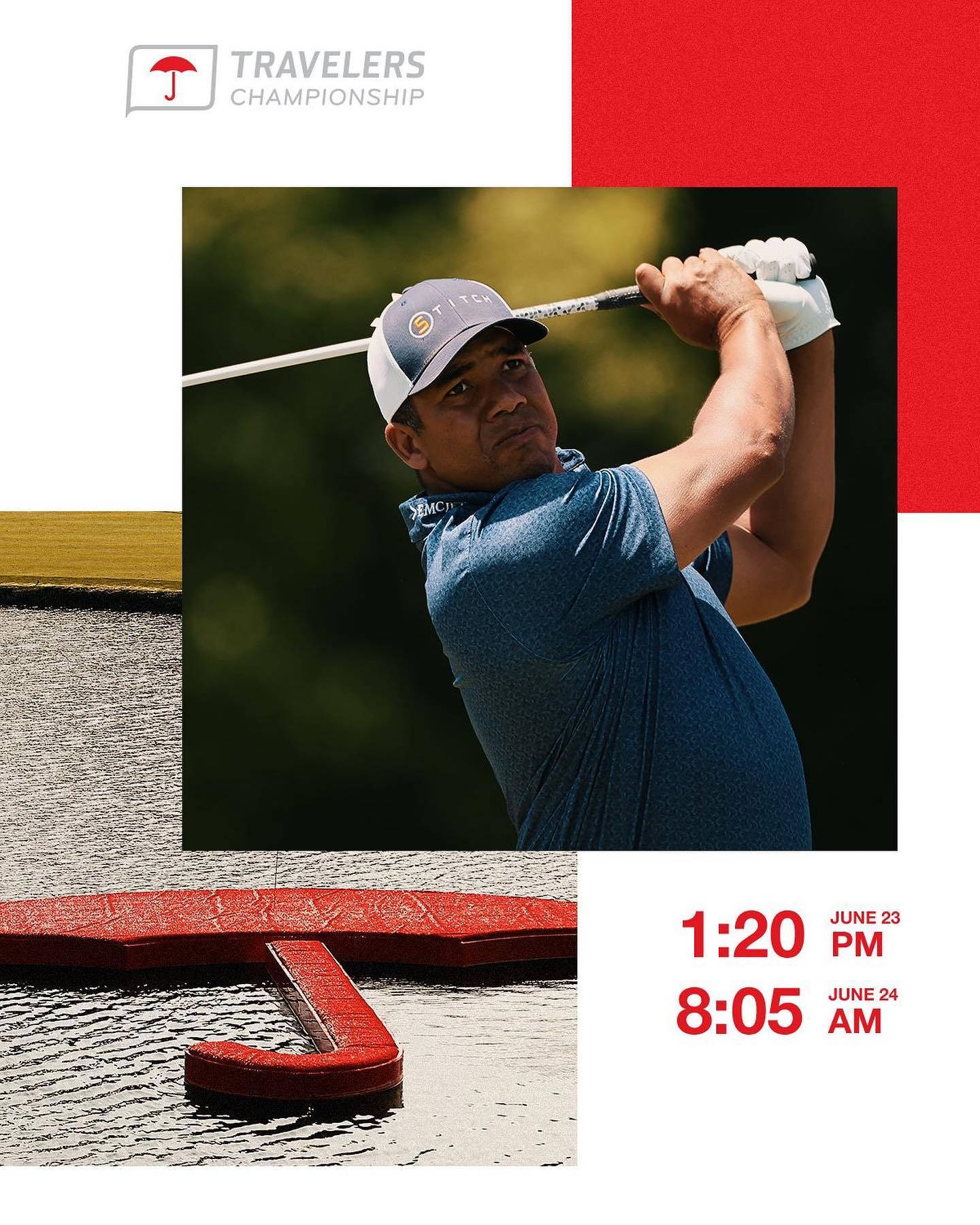 極簡風格 Jhonattan Vegas 高爾夫比賽海報 壁紙 — 身穿藍色襯衫的高爾夫球手在模糊的綠色背景下專注地揮桿。