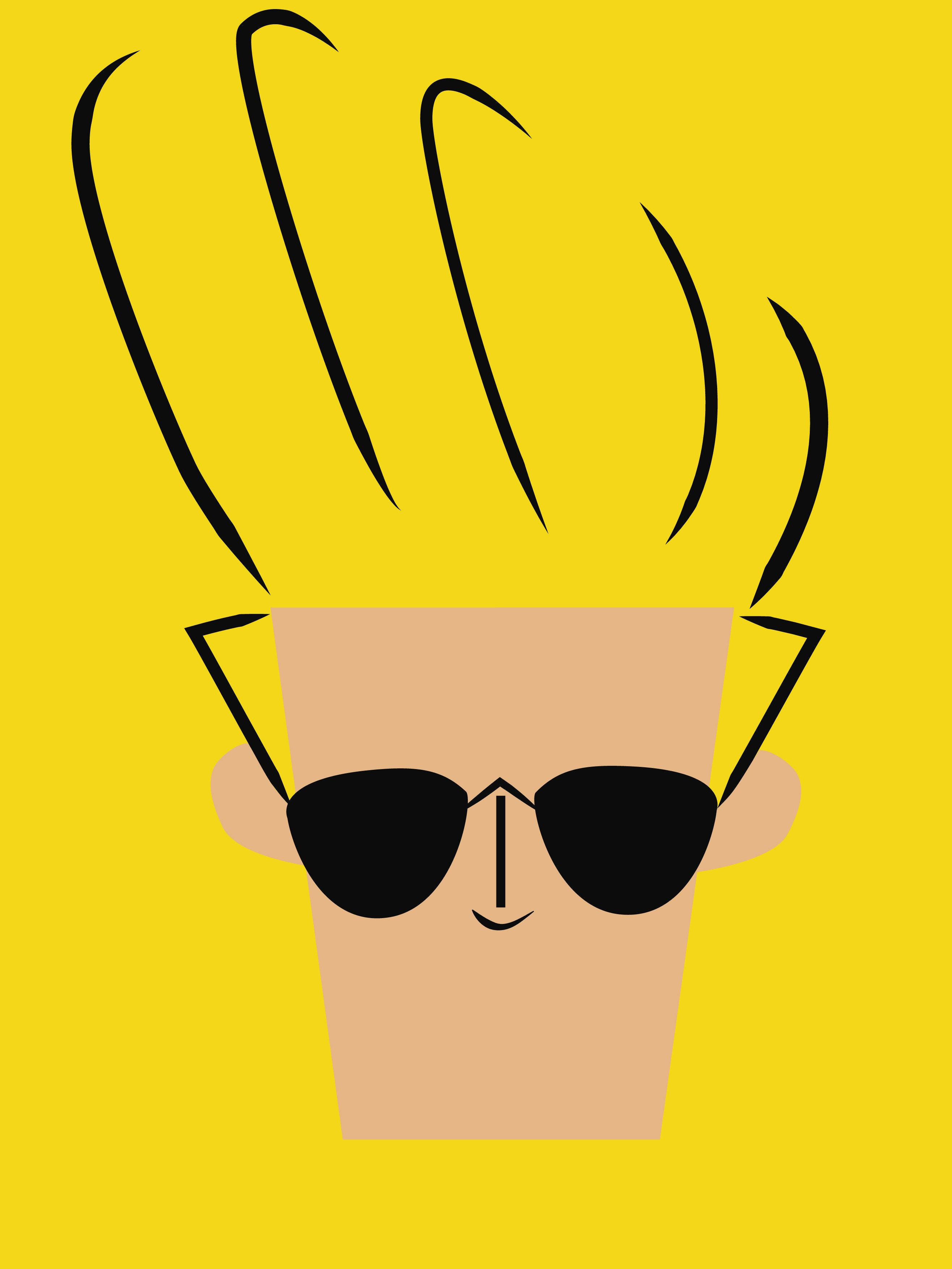 極簡風格 Johnny Bravo 壁紙 — 一個極簡風格化的臉孔，帶有尖刺頭髮和太陽眼鏡，背景為大膽的黃色。