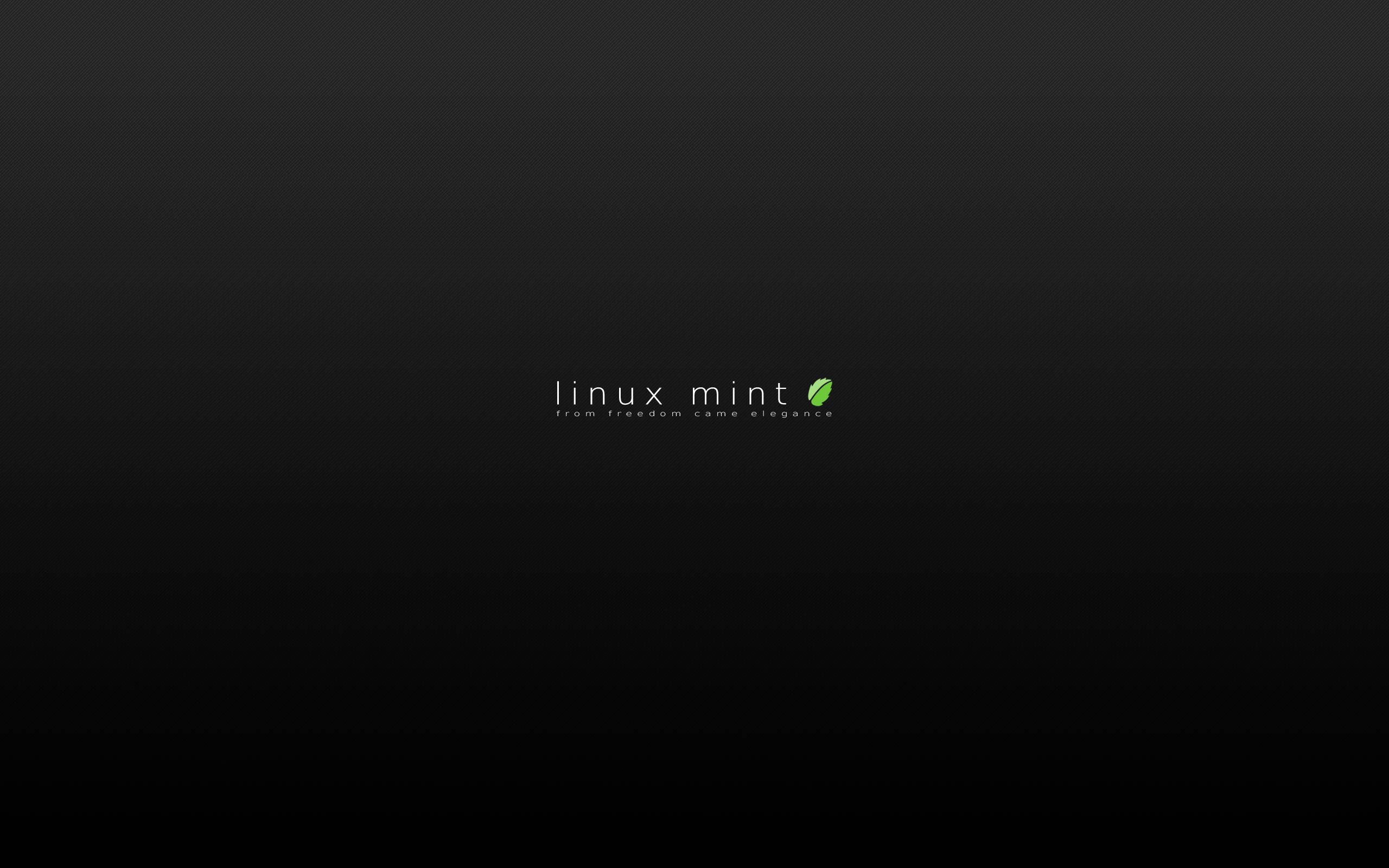 極簡風格 Linux Mint 操作系統 Logo 壁紙 — 極簡黑色桌布，中央以清晰白色和綠色文字顯示 Linux Mint 標誌和標語。
