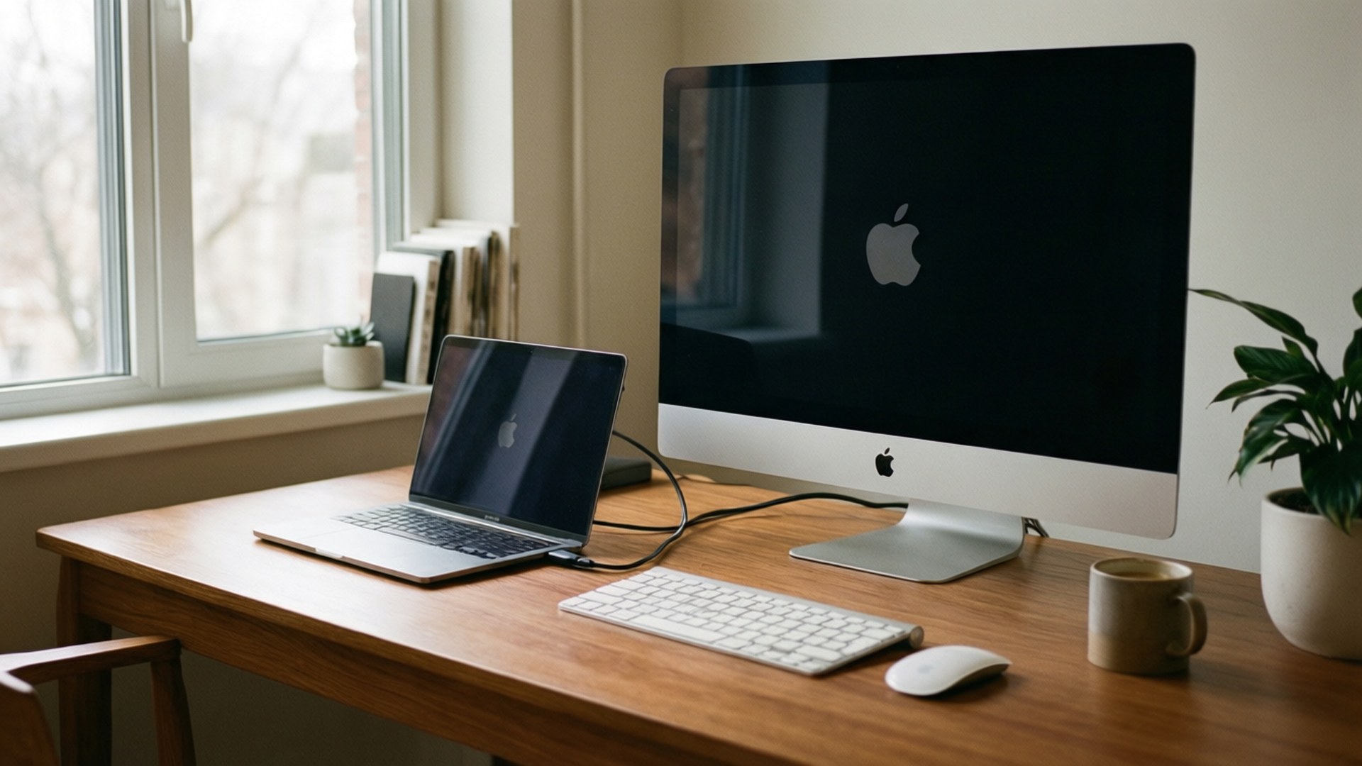 現代家居辦公桌，配有手提電腦、iMac、植物和咖啡杯，靠近窗邊