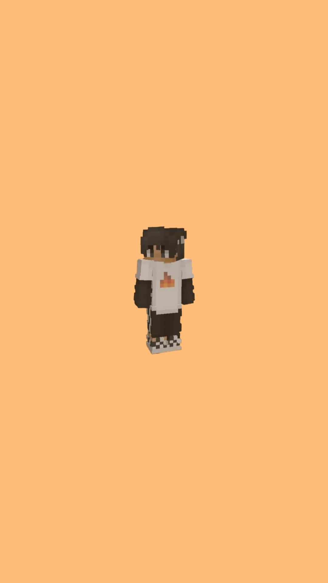 Minecraft角色穿著白色襯衫帶橙色火焰圖案，背景為桃色