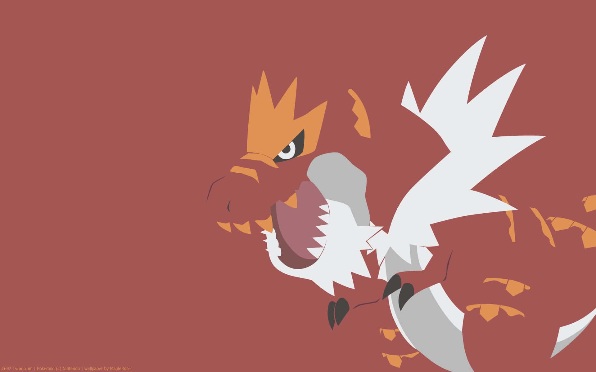 極簡風格 Tyrantrum 壁紙 — 一隻風格化的橙色和白色龍，擁有鋒利的牙齒和尖刺翅膀，對著純鏽色背景咆哮。
