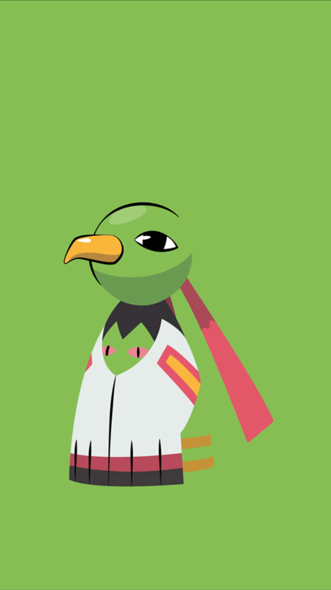極簡風格 Xatu 手機壁紙 壁紙 — 一隻風格化的綠色鳥角色穿著白色和紅色的棒球制服，站在純綠色背景前。