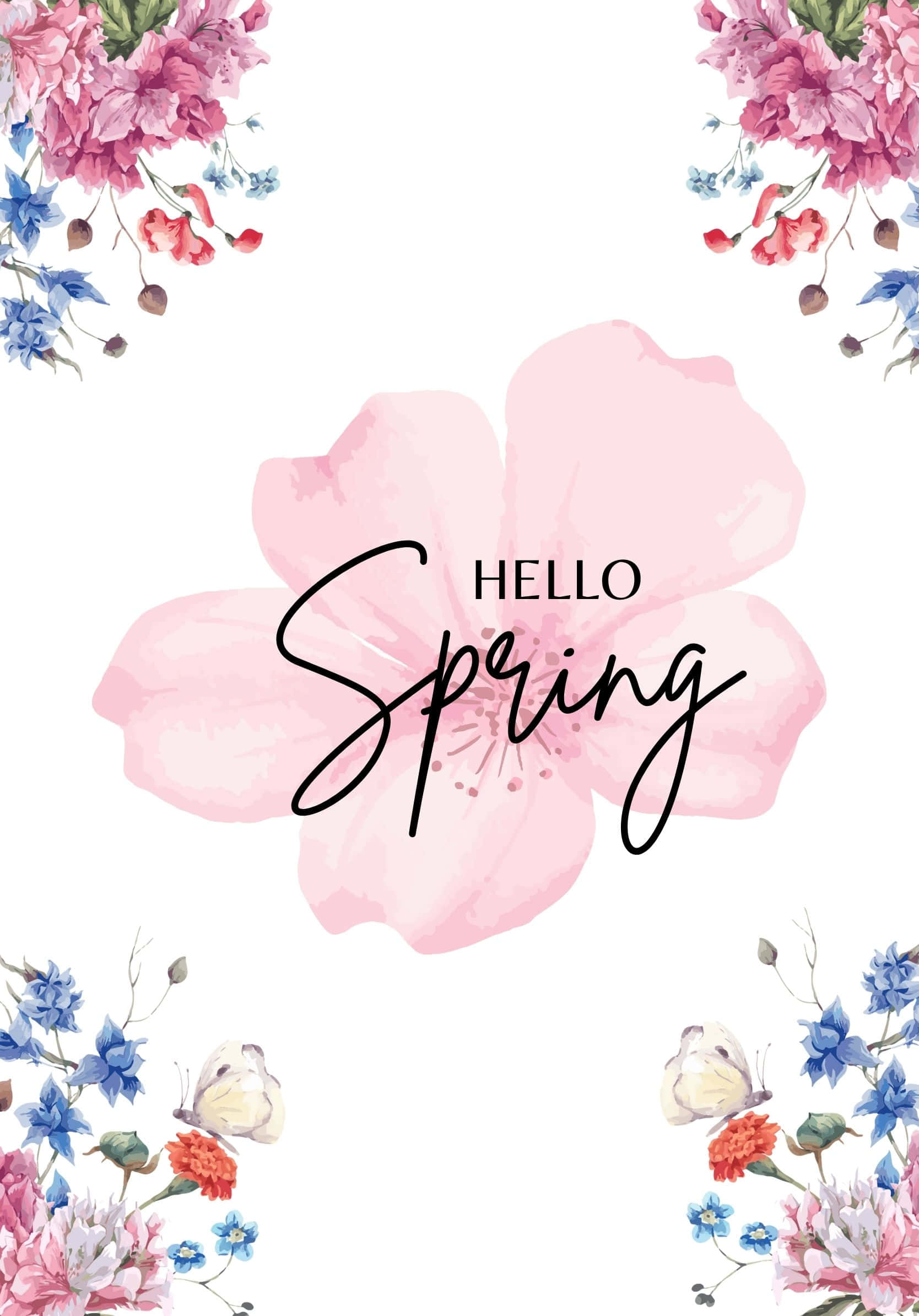 Hello Spring 黑色字體文字，位於粉紅水彩花上方，帶有花卉角落和蝴蝶。