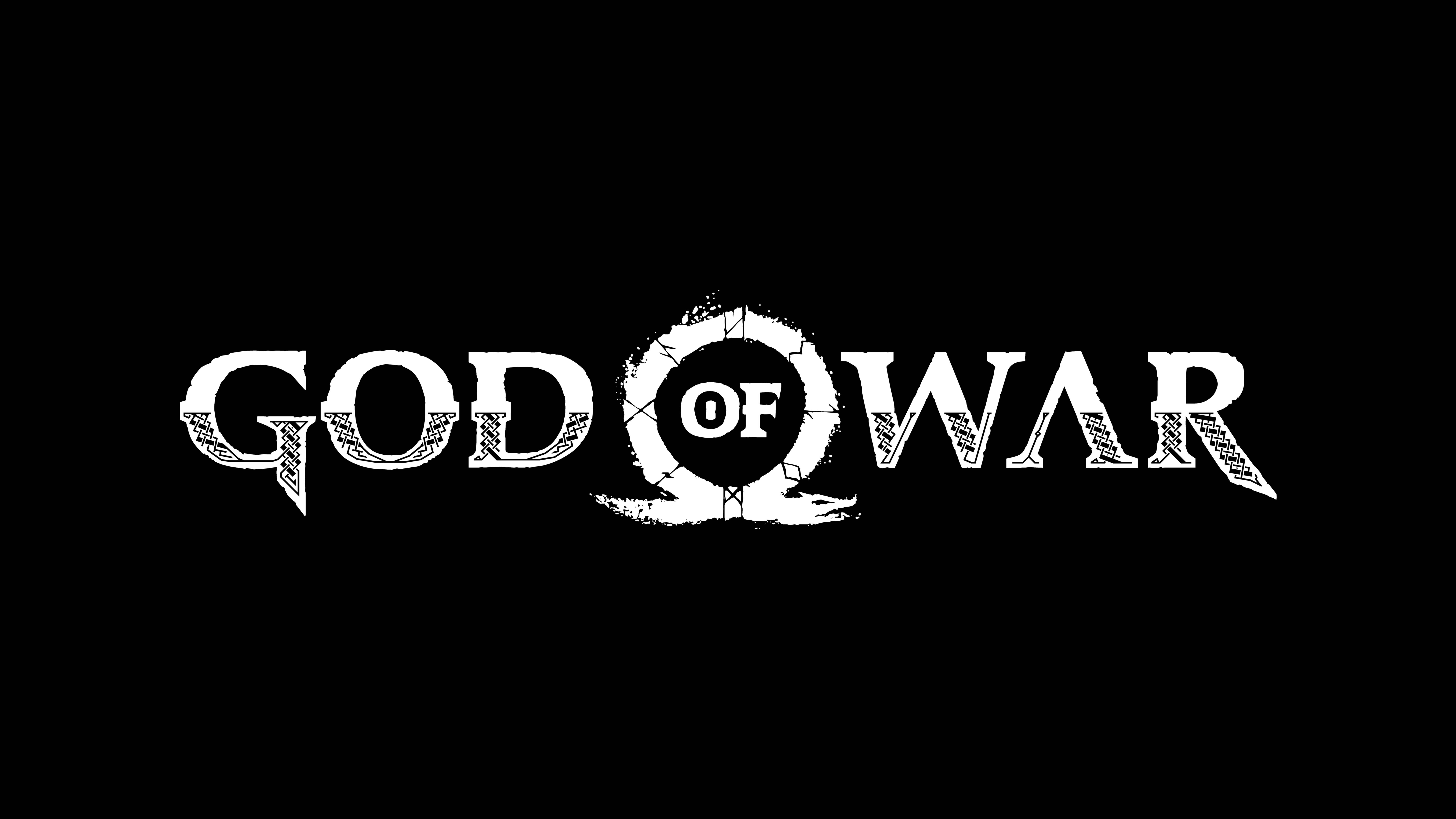 極簡風格《戰神》遊戲標誌 壁紙 — 大膽的白色「God of War」標誌，帶有裂紋的圓形徽章，居中在純黑色背景上。