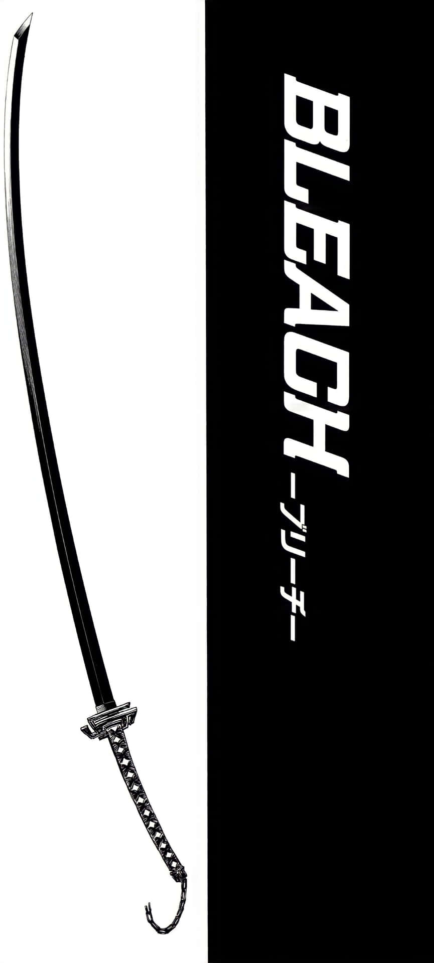 黑色武士刀，帶有 Bleach 動畫標誌，背景為黑白。