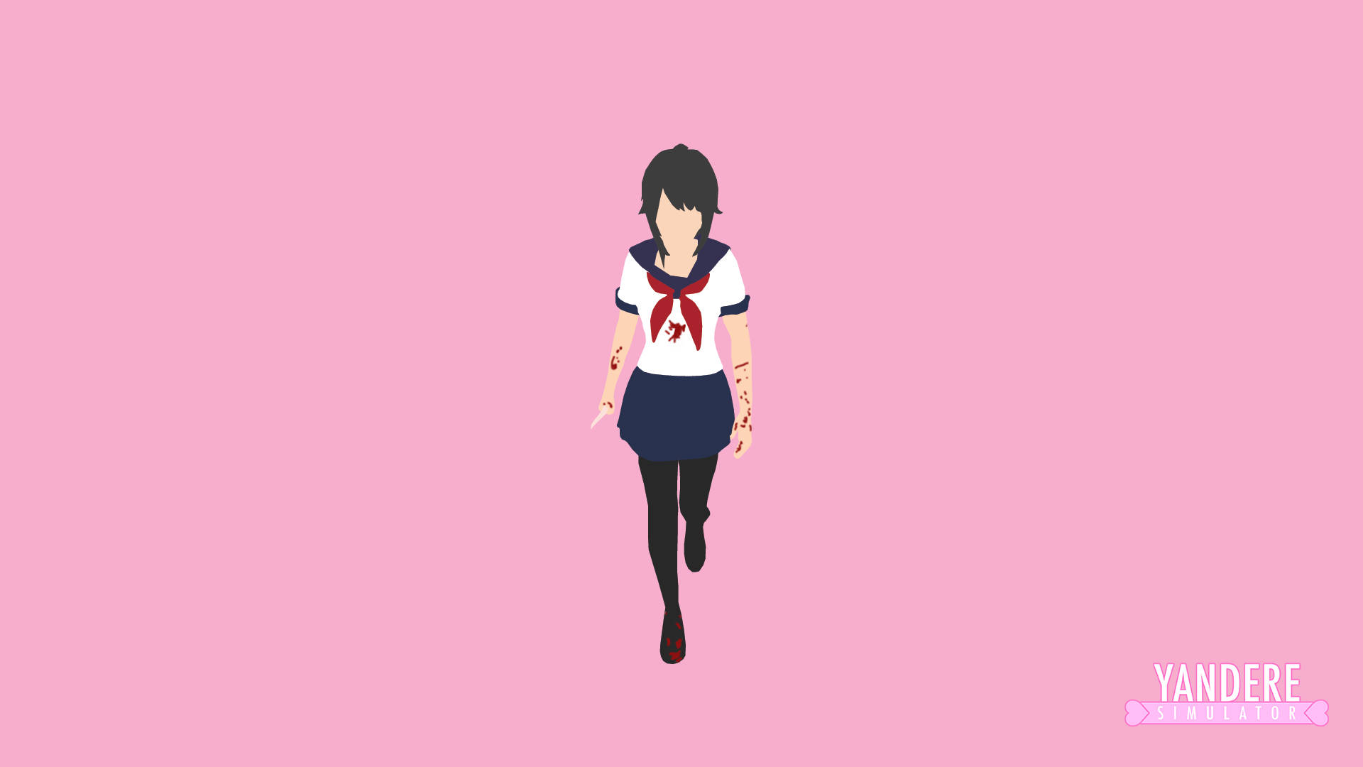 極簡風格《病嬌模擬器》海報 壁紙 — 一個風格化的動漫女孩穿著沾血的水手服在純粉紅色背景上奔跑。