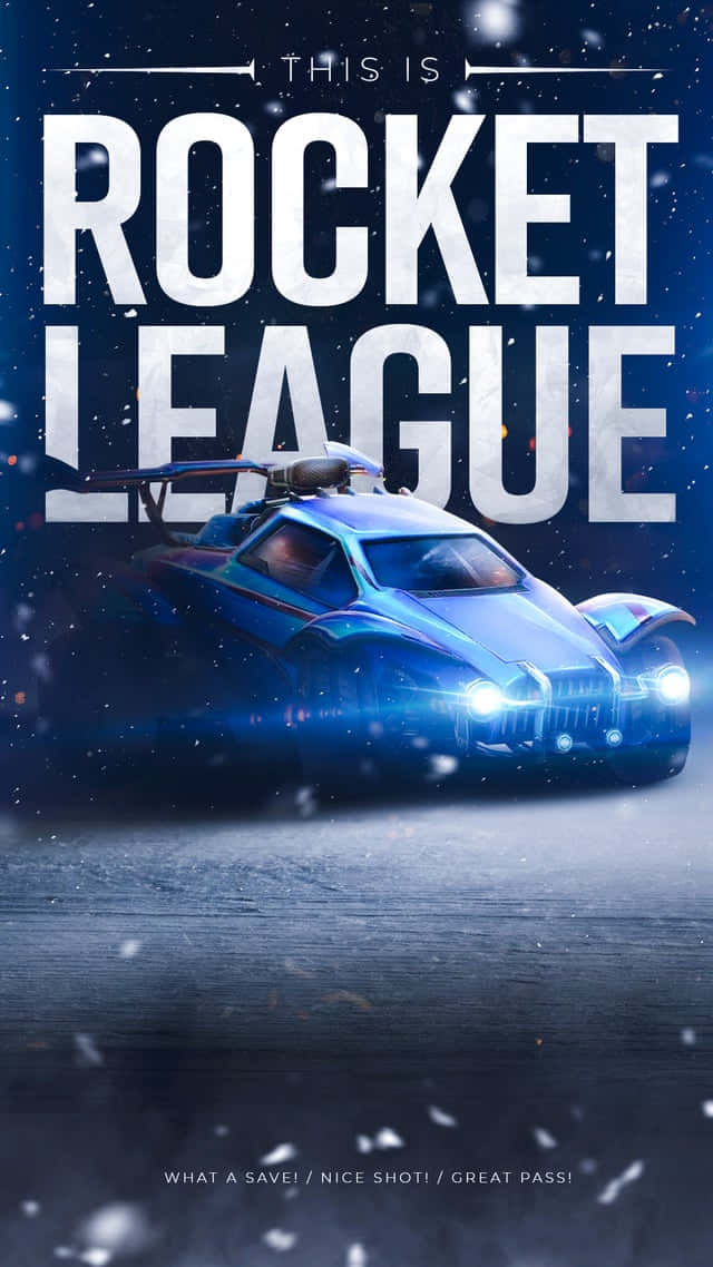 極簡風格Android Rocket League背景 壁紙 — 一輛發光的藍色火箭動力汽車在星空下的雪夜場景中疾馳，帶有粗體遊戲標題文字。