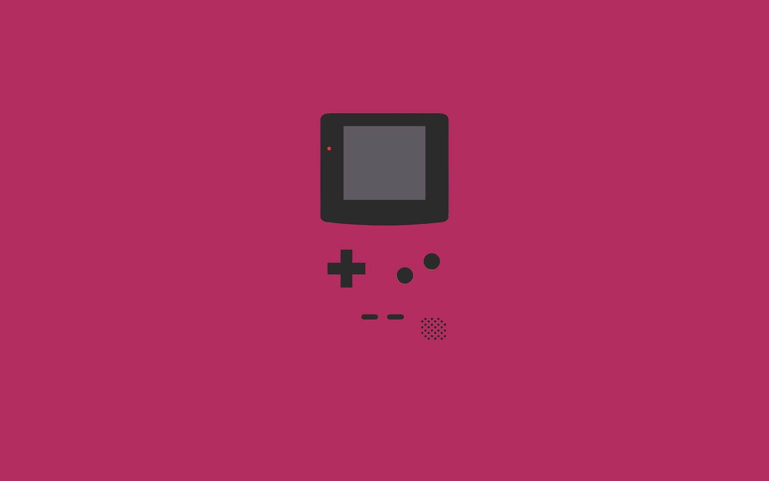 極簡風格Game Boy Color藝術 壁紙 — 一個極簡黑色 Game Boy 圖示，居中於純洋紅色背景上。