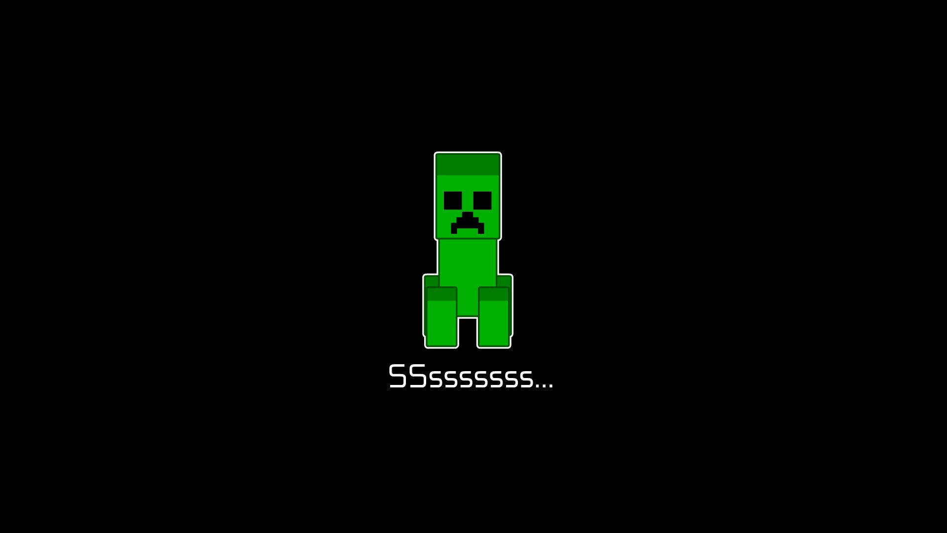 極簡風格Minecraft苦力怕 壁紙 — 一個來自Minecraft的像素化綠色爬行者站在黑色背景上，下方有音效文字。