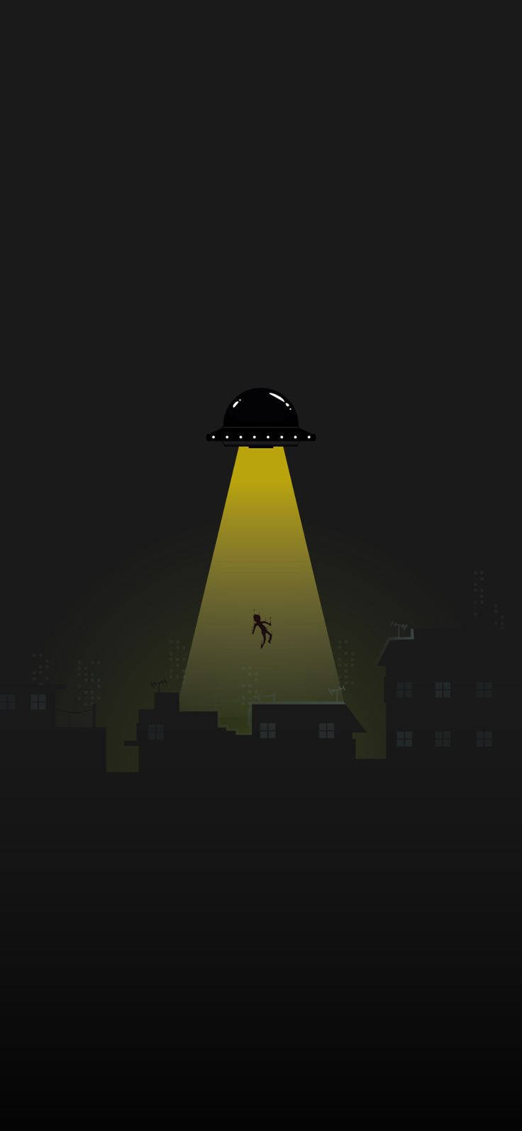 UFO在夜晚的黑暗城市上空綁架一個人。