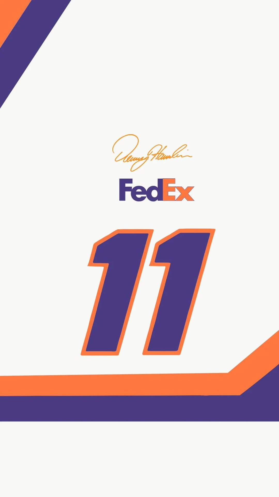 FedEx標誌與數字11及簽名，白色背景帶有紫色和橙色裝飾。