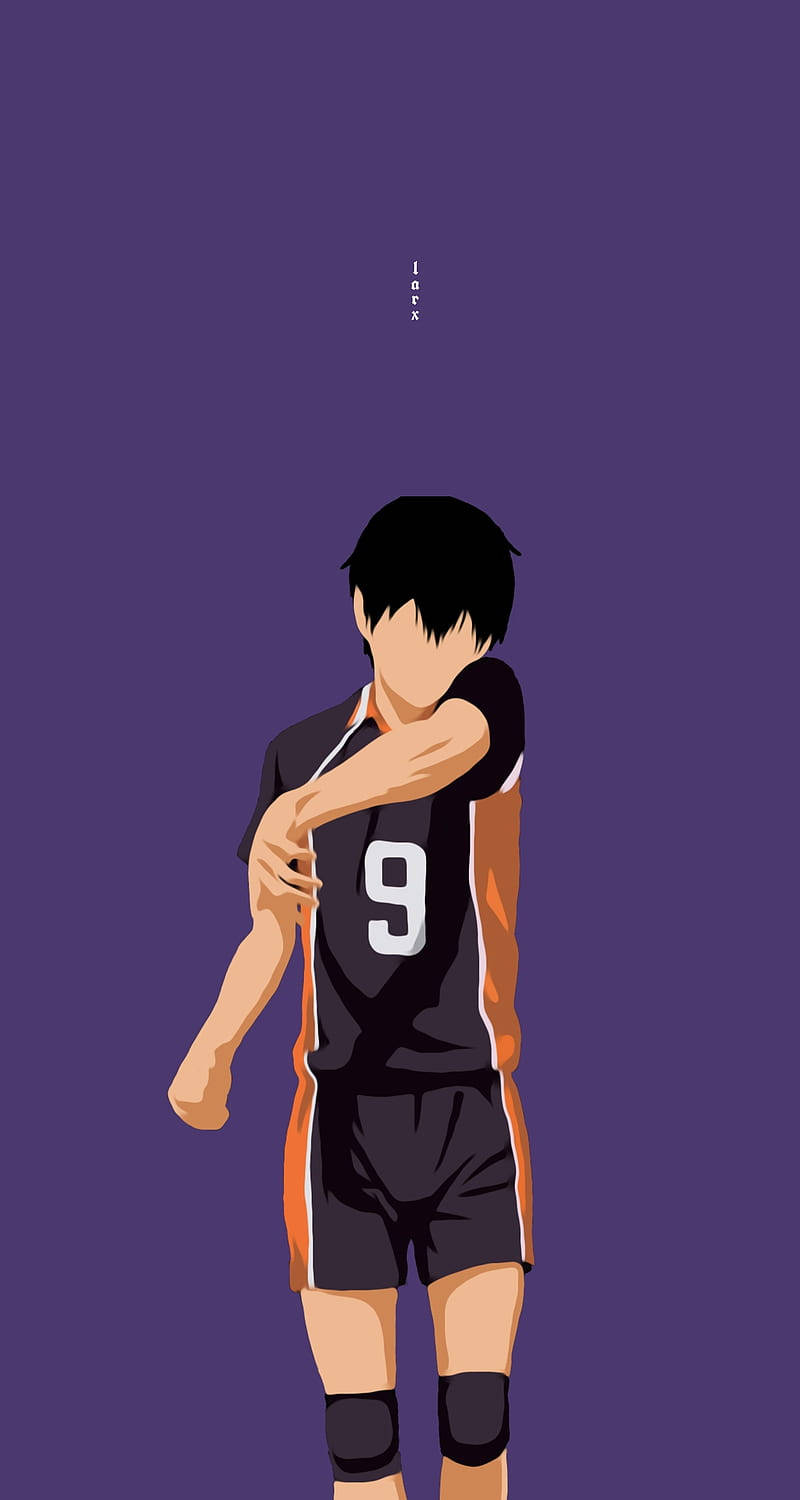 動漫排球運動員身穿黑色和橙色制服，號碼9，背景為紫色。