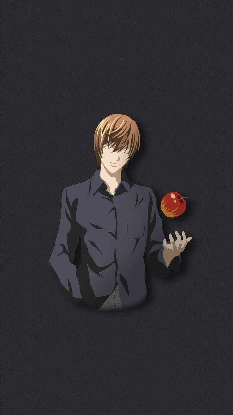 動漫男子在黑色背景前拿著紅蘋果。