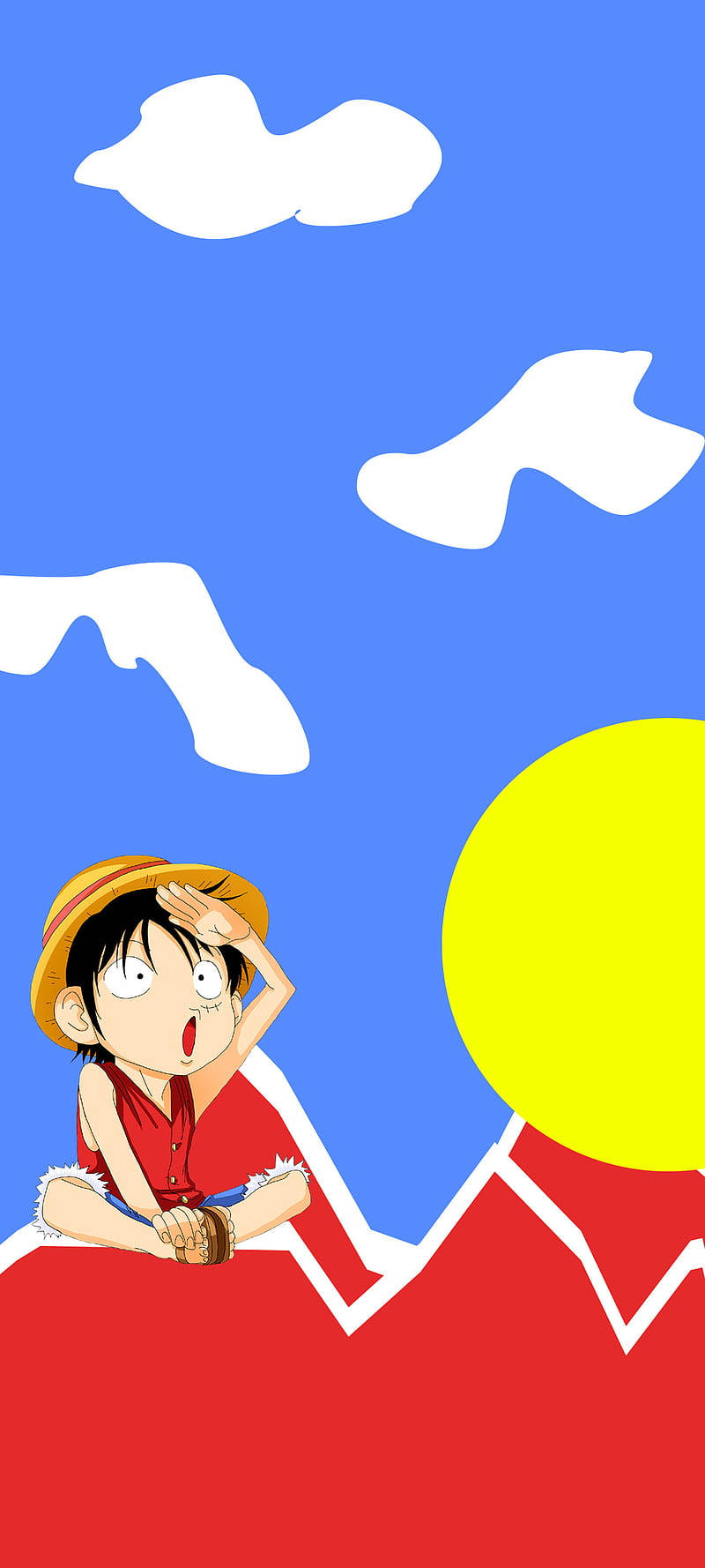 戴草帽的動漫男孩在藍天下從紅色懸崖上驚訝地張望。