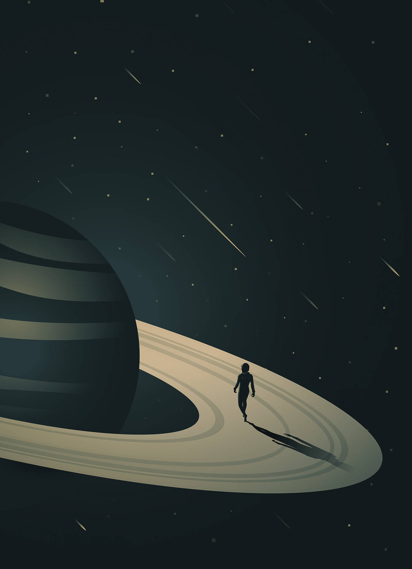 一個人在行星的環上行走，背景是繁星點點的天空和流星。