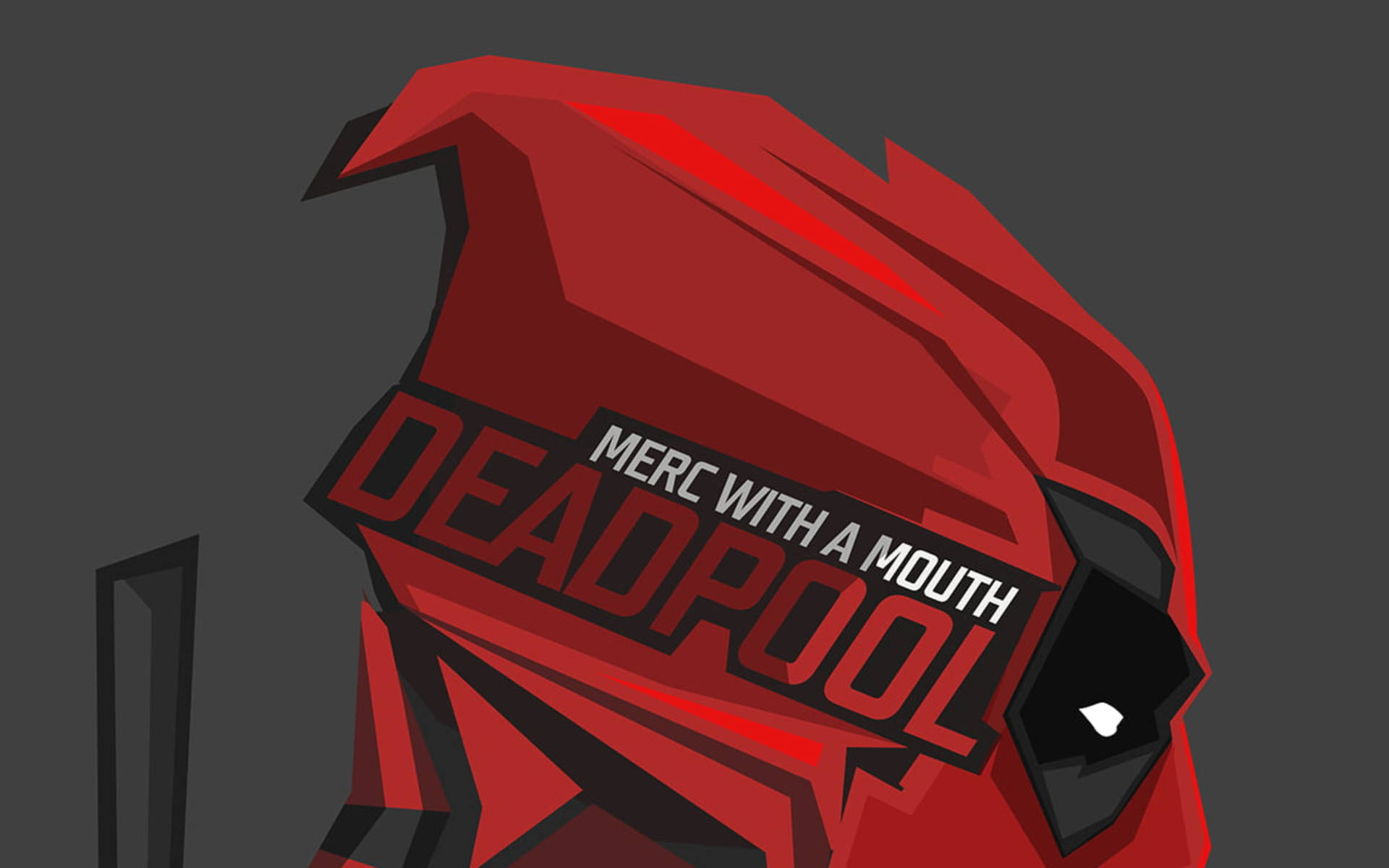 深灰色背景上帶有「Merc with a Mouth」文字的紅色死侍面具。