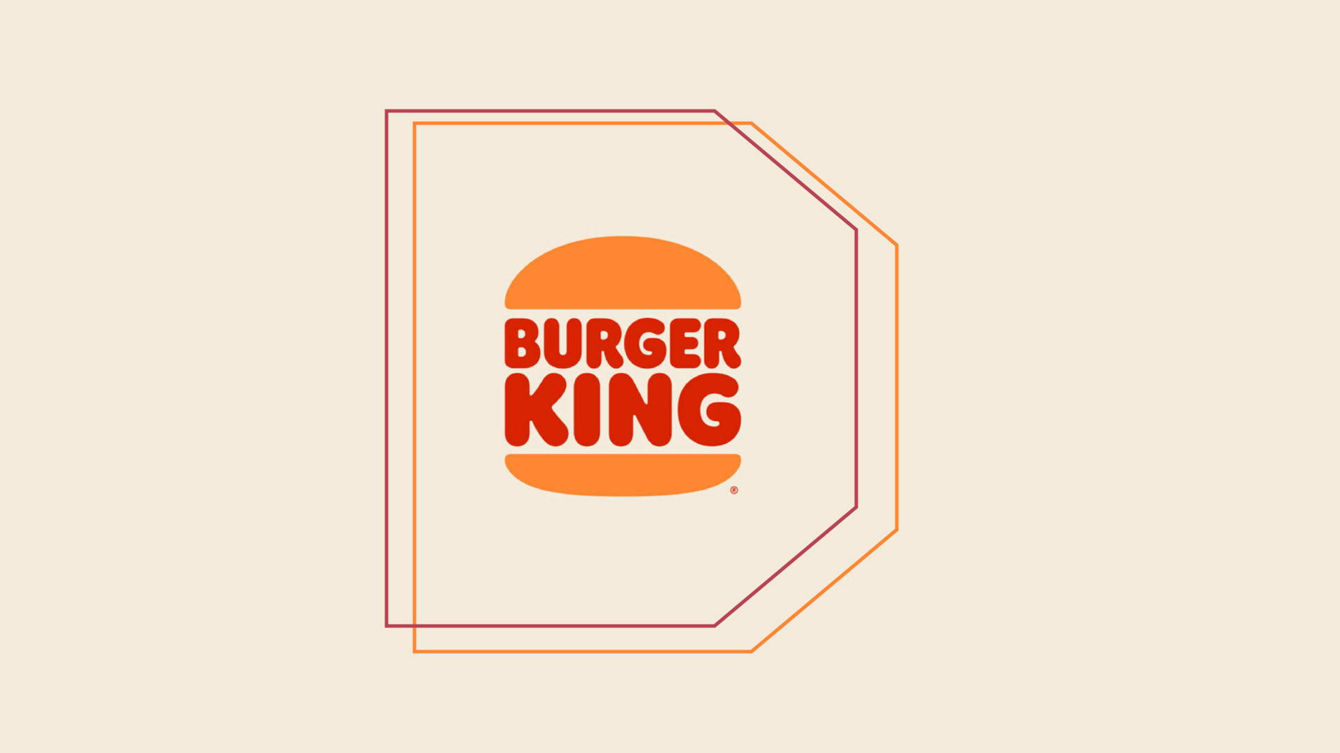 極簡風格漢堡王 壁紙 — 米色背景上，Burger King 標誌以粗體紅色和橙色呈現，置於層疊幾何框架內。