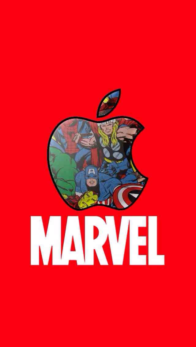 紅色背景上充滿漫威超級英雄的Apple標誌，帶有MARVEL文字。