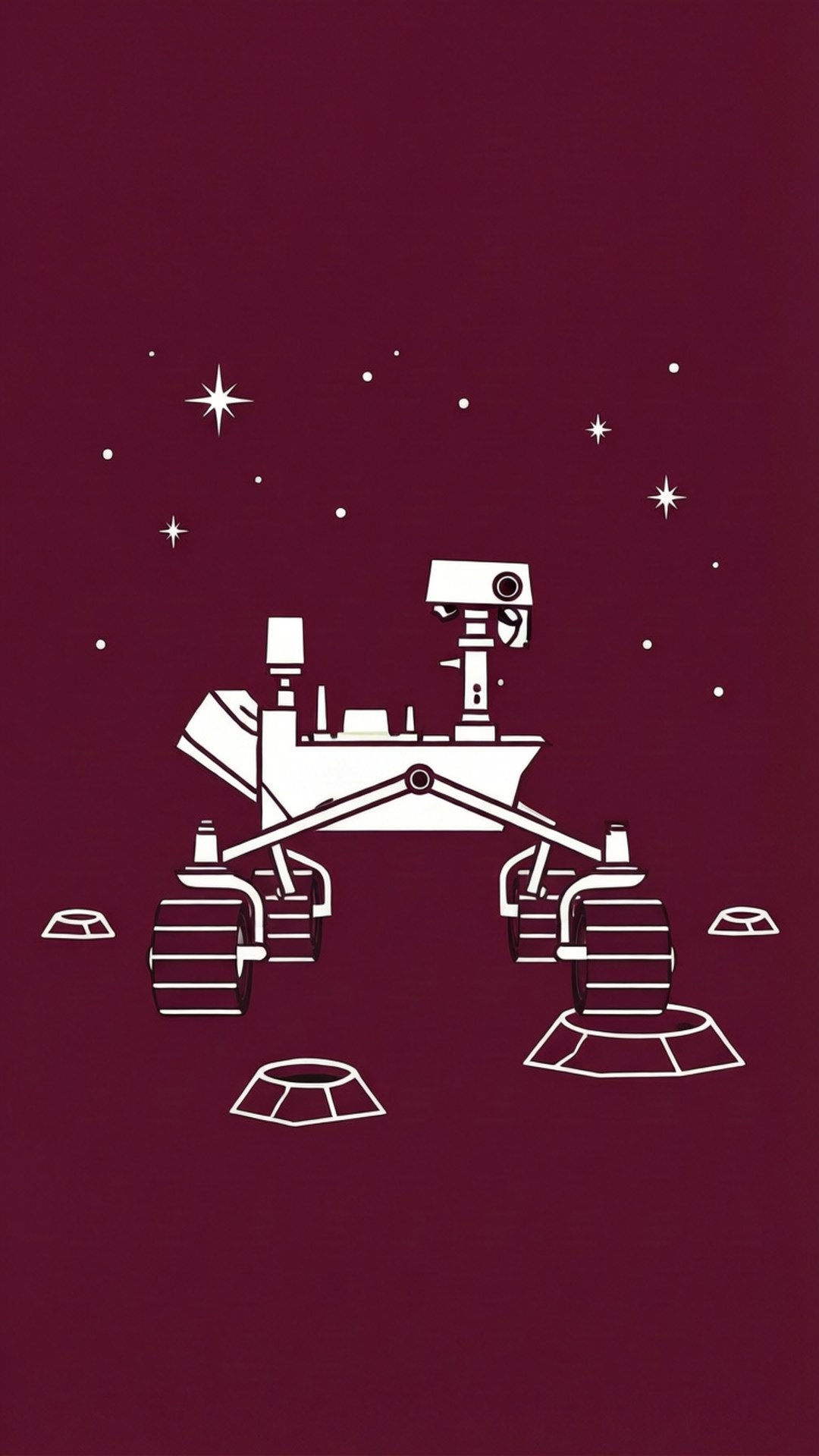 在星空栗色背景上的火星探測車白色線條藝術。