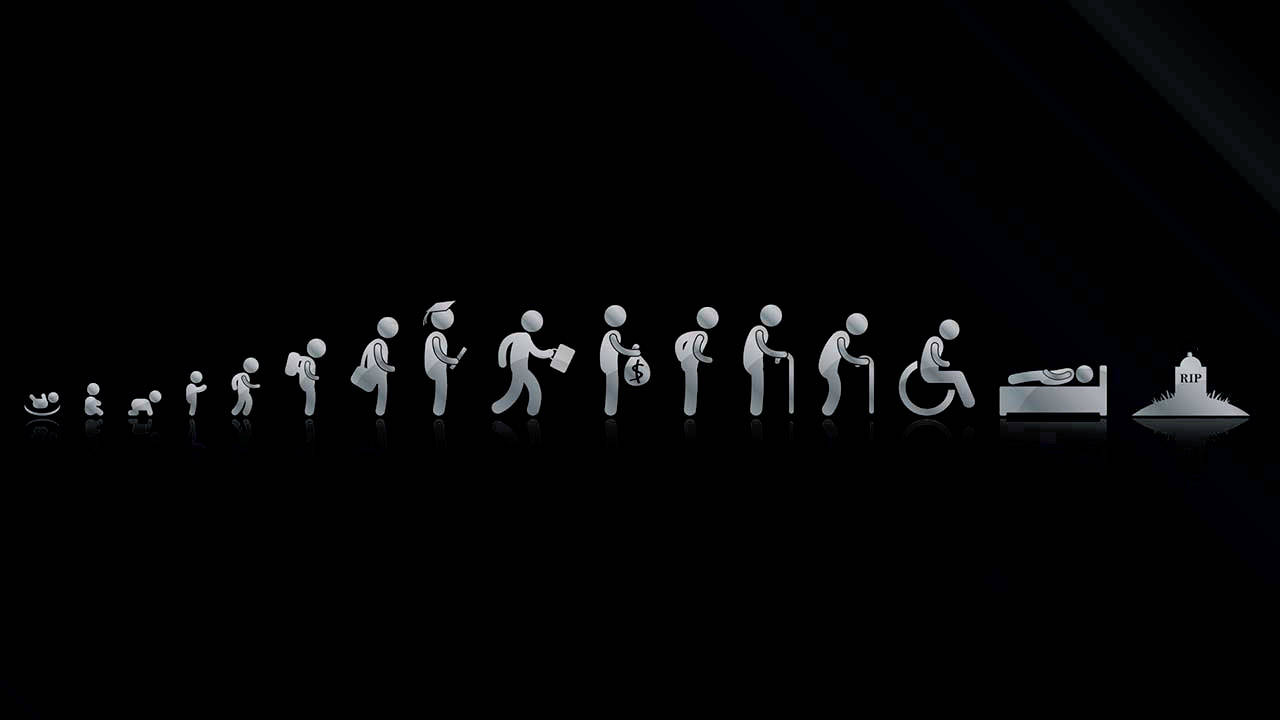 銀色火柴人描繪了黑色背景上從出生到死亡的人生階段。