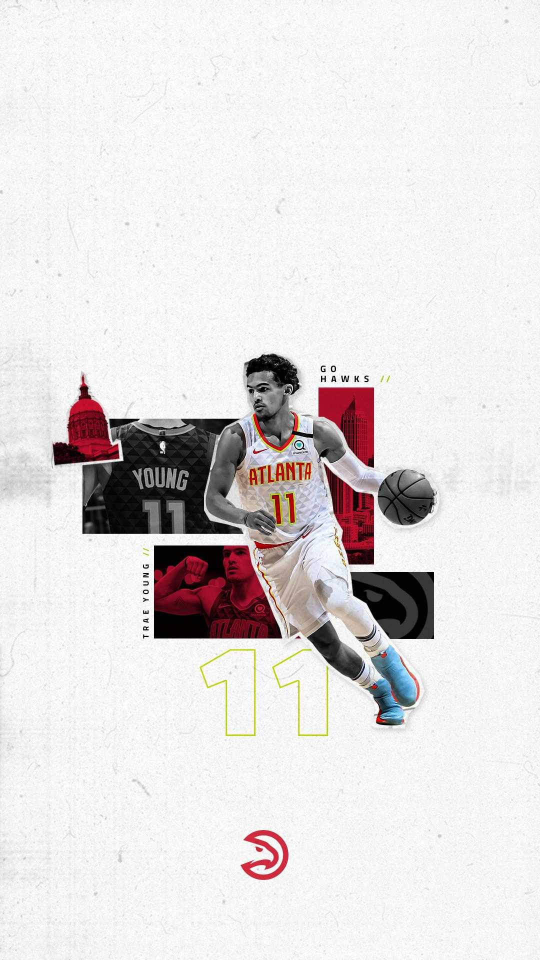 極簡風格特雷·楊老鷹隊 壁紙 — 亞特蘭大老鷹隊球員 Trae Young 身穿隊服運球的動態拼貼畫，搭配大膽的紅白圖形和球隊標誌。