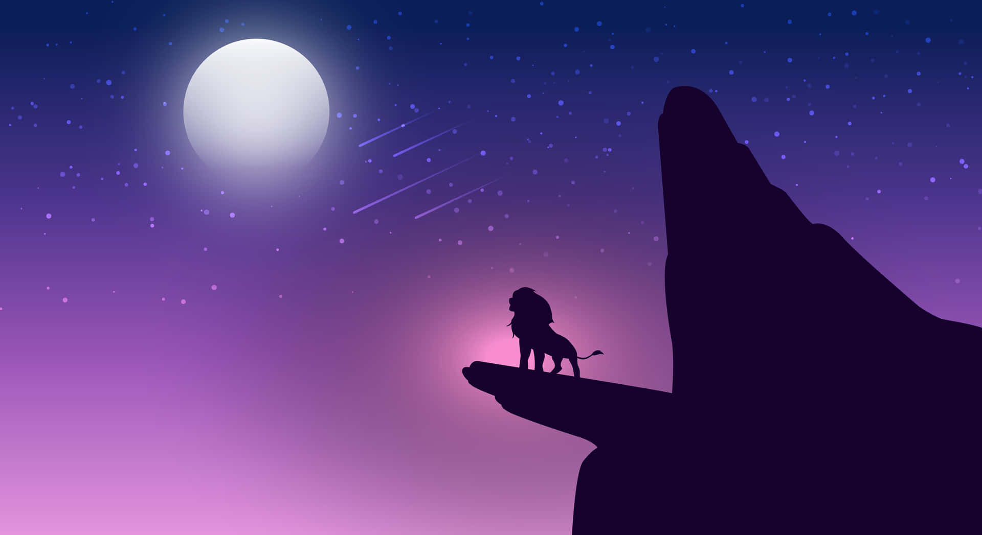 懸崖上的獅子剪影，觀看有星星和流星的月光天空。