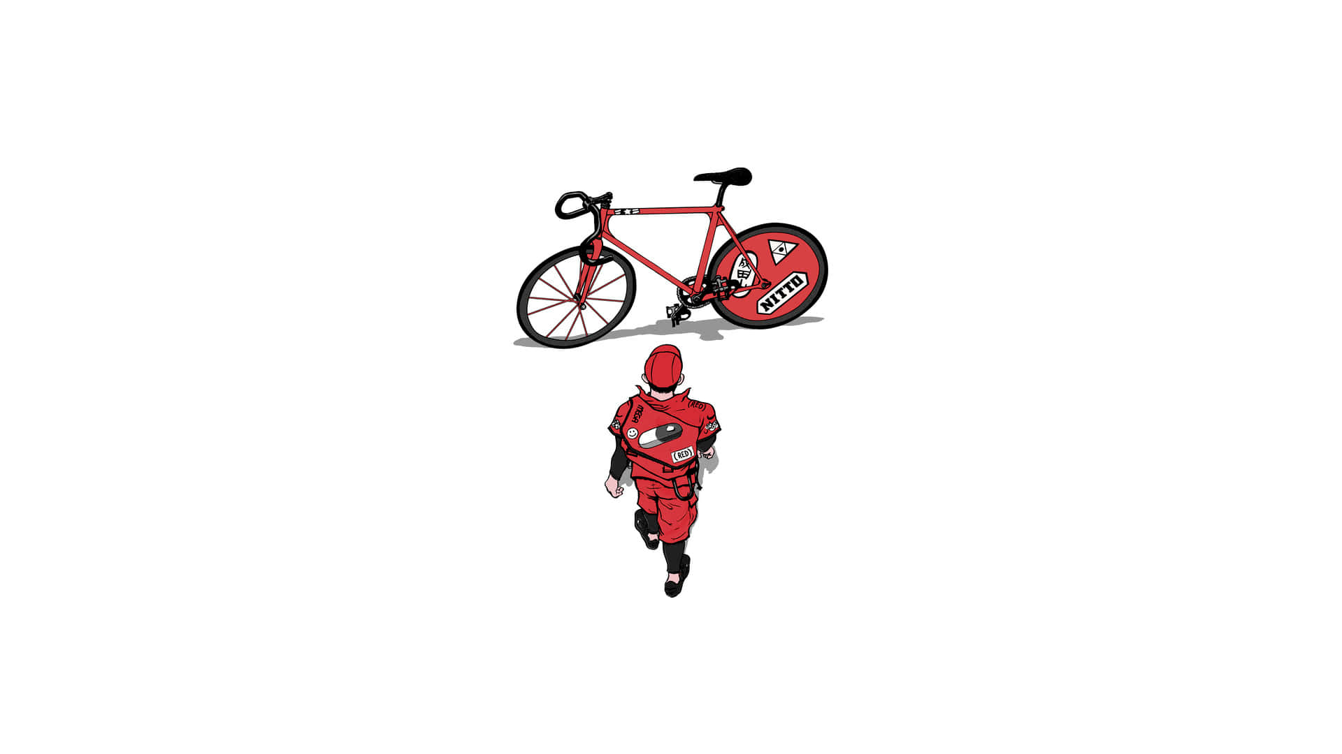 極簡風格的 Shotaro Kaneda Akira 背景 壁紙 — 一個風格化的跑者穿著紅色裝備，在白色背景前扛著一輛紅色固定齒輪單車。