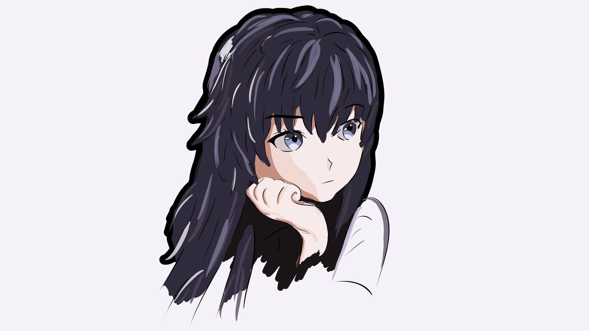 動漫女孩，黑髮藍眼，將下巴擱在手上。