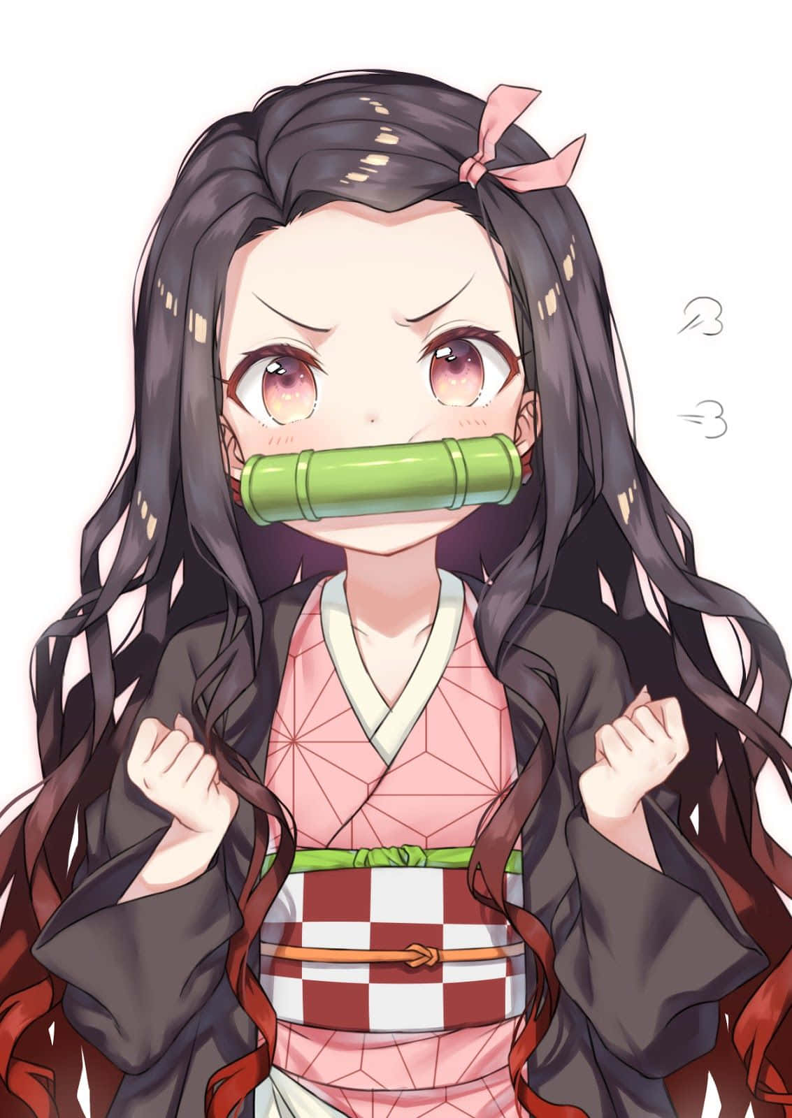 極簡風格的憤怒表情可愛灶門禰豆子 壁紙 — 長黑髮粉紅眼睛的動漫女孩戴著竹製口塞，握緊拳頭，表情堅定。
