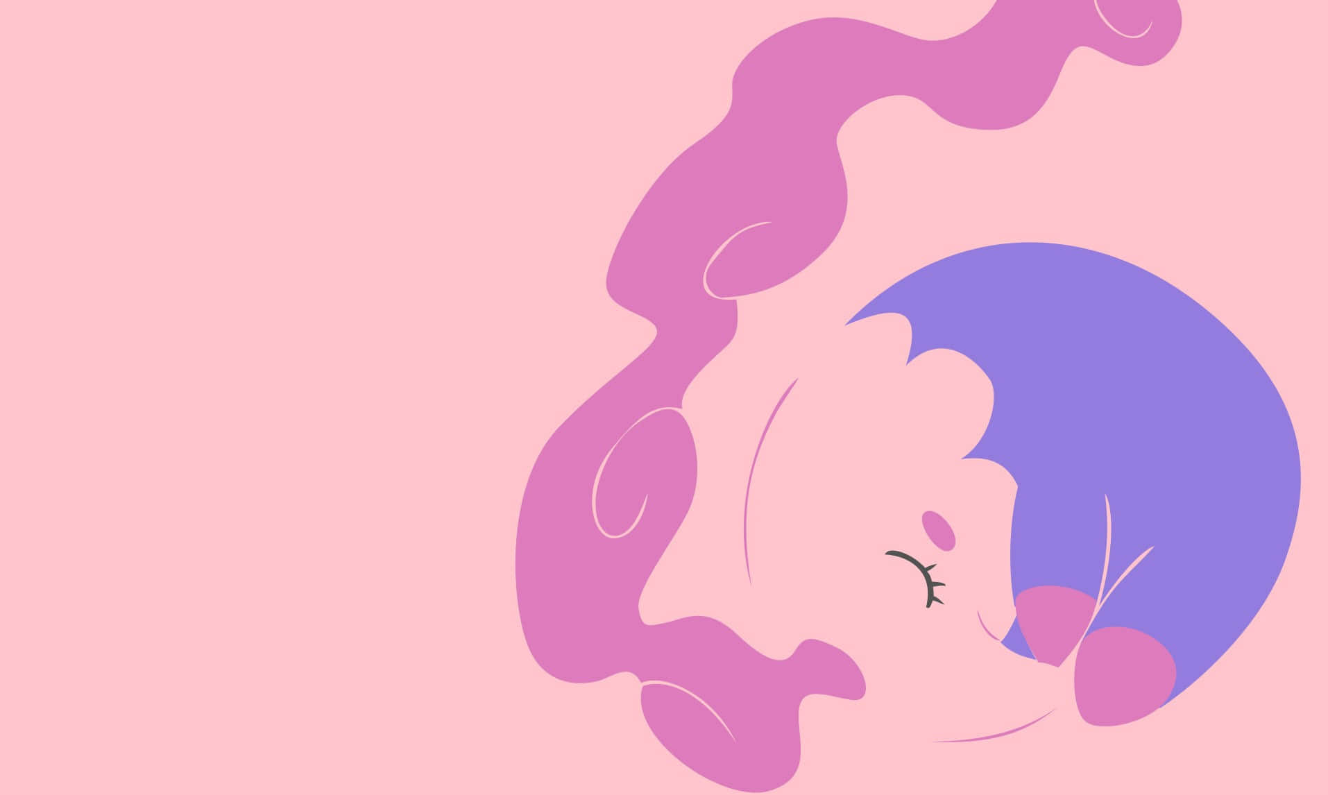 極簡風格的睡著的穆沙納 壁紙 — 一個風格化的睡著動漫女孩，紫色頭髮和粉紅色漩渦在柔和的粉紅色背景上。