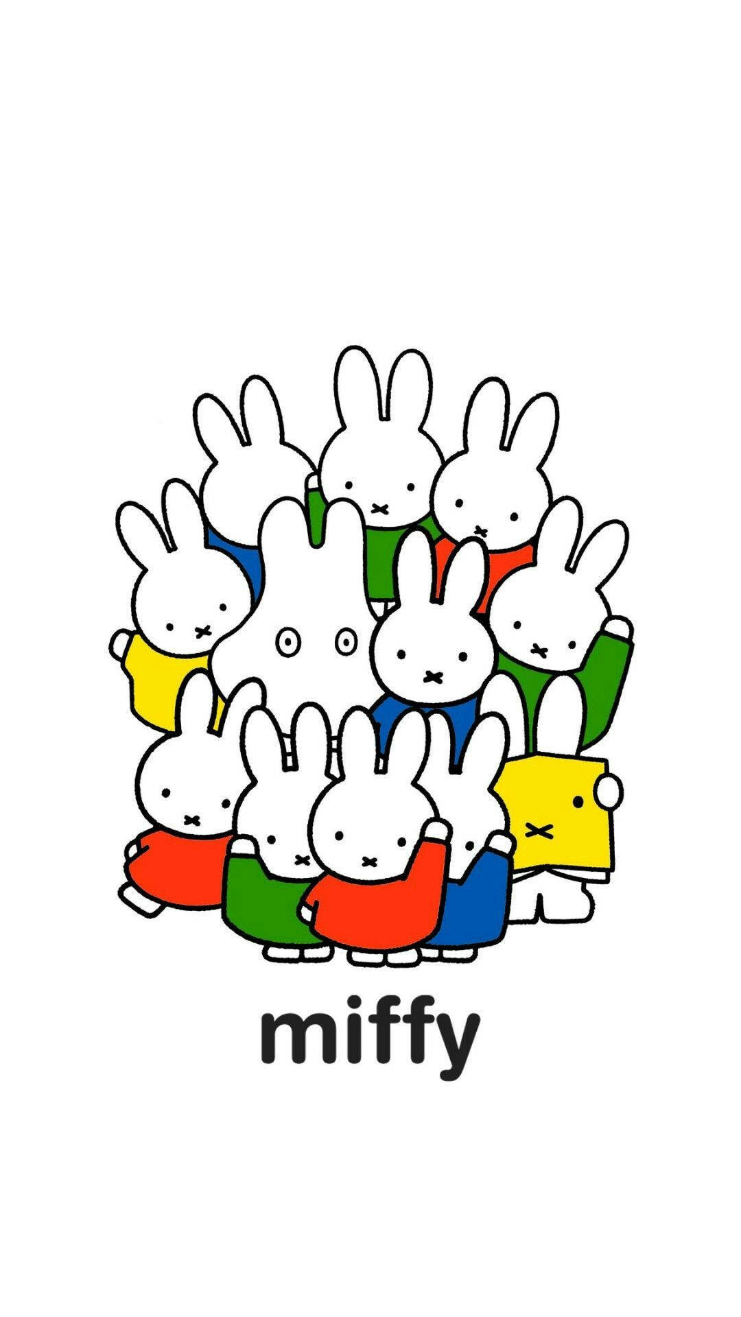 一群穿著色彩繽紛衣服的 Miffy 卡通兔子擠在一起。