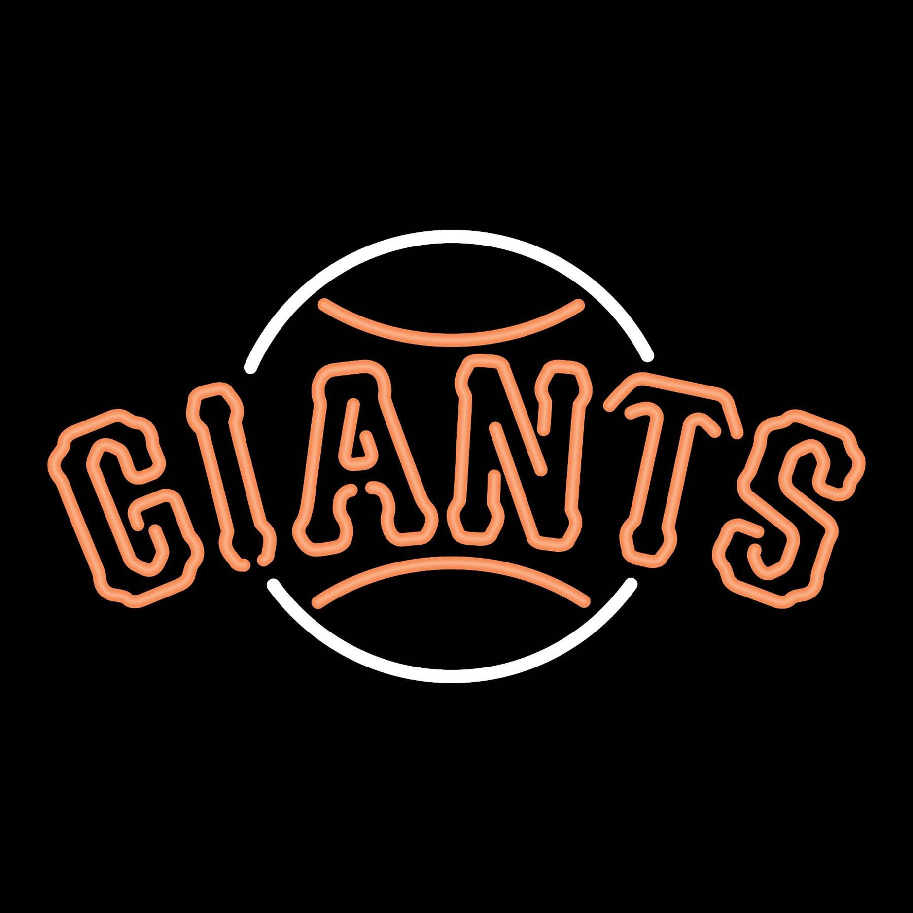 霓虹燈牌，白色棒球輪廓內有橙色「GIANTS」文字。
