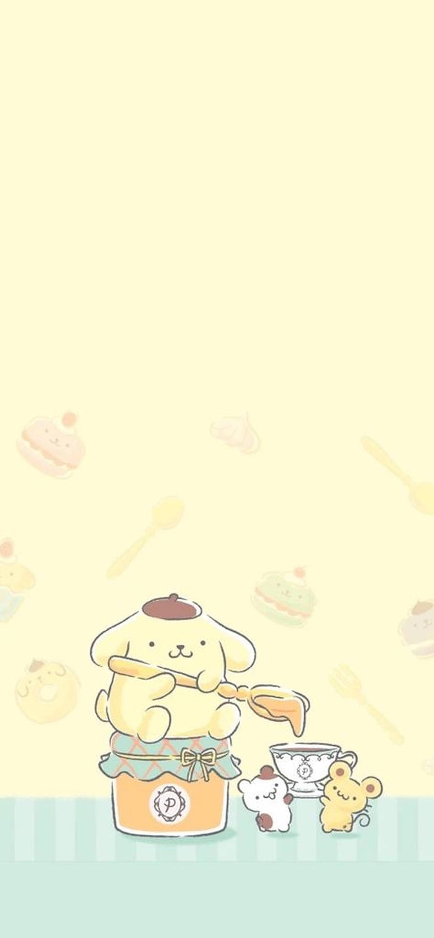 卡通小狗廚師攪拌一個鍋，裡面有漂浮的甜點和用具。 — 布甸狗 GIF 壁紙