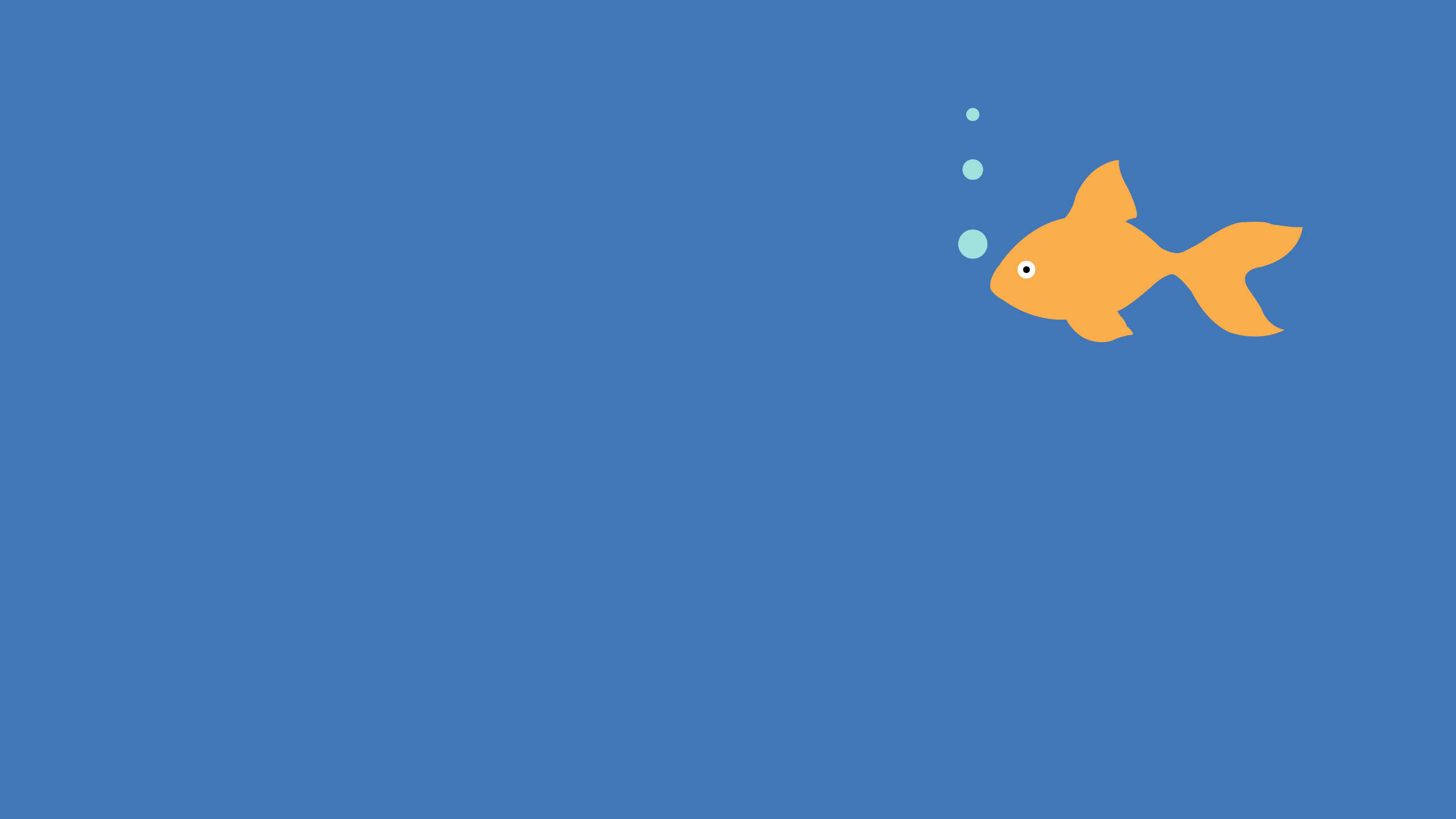 極簡風格金魚藝術 壁紙 — 一條極簡的橙色魚在純藍色背景上向右游動，身後拖著三個淺藍色氣泡。